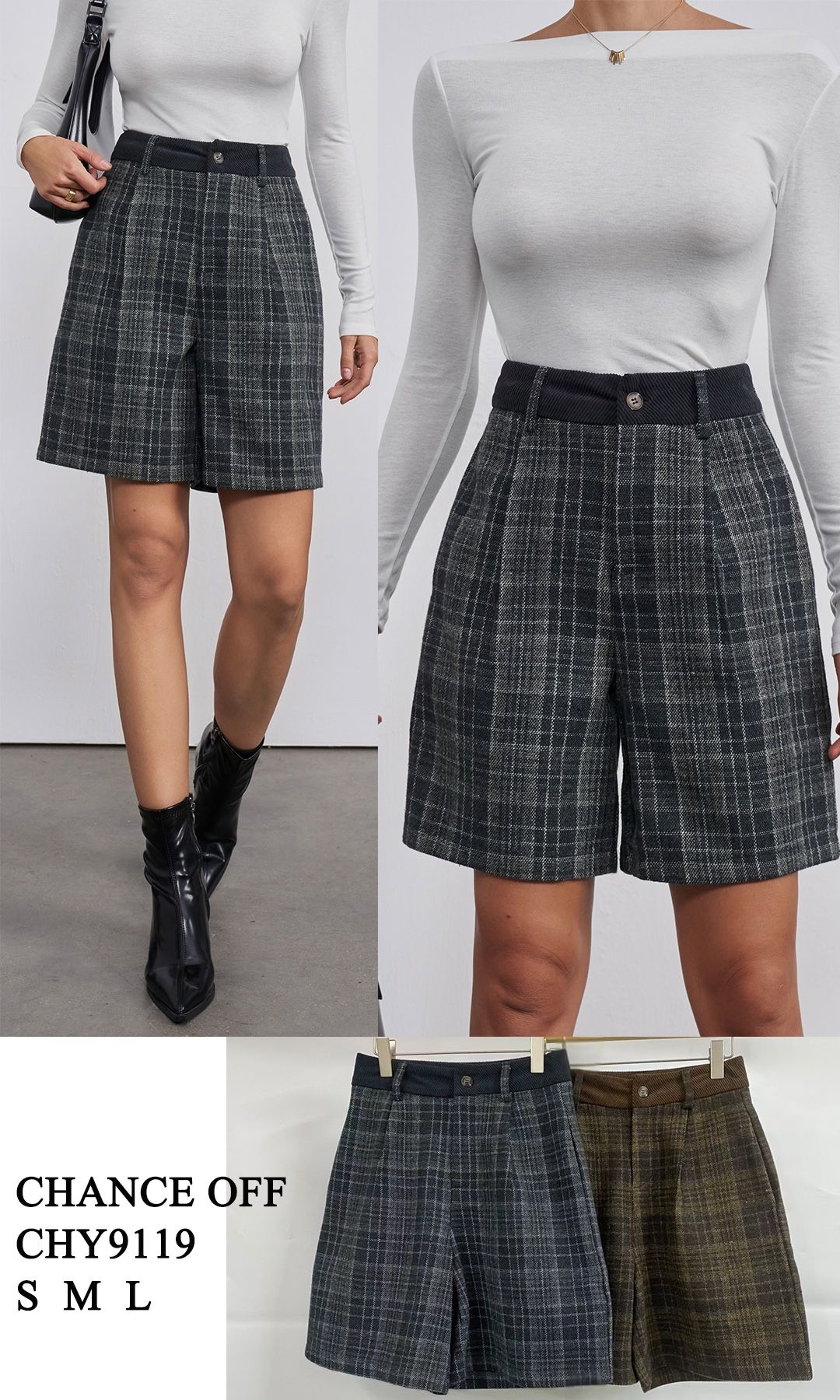 High‑Waist Checked Knee‑Length Shorts