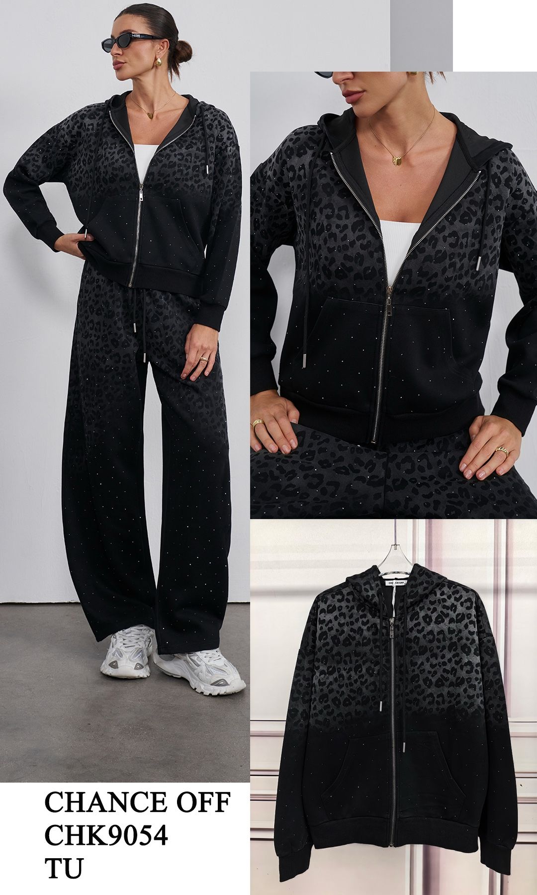 Hooded Zip-Up Sweatshirt — Leopard Print