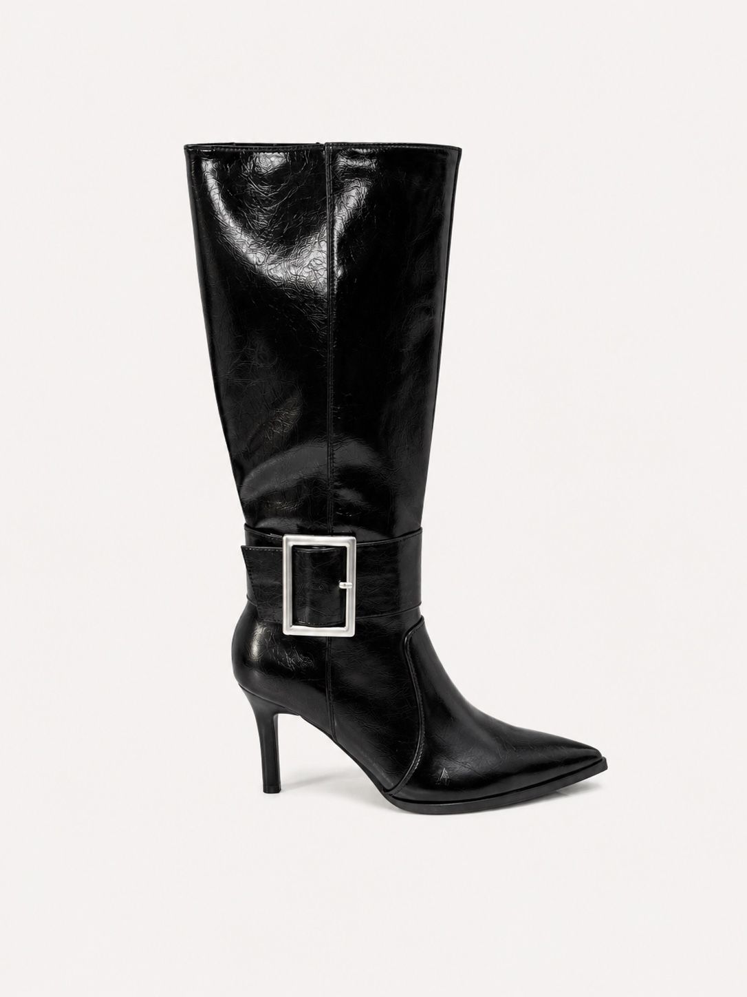 Patent Leather-Effect Knee Boots with Decorative Accent