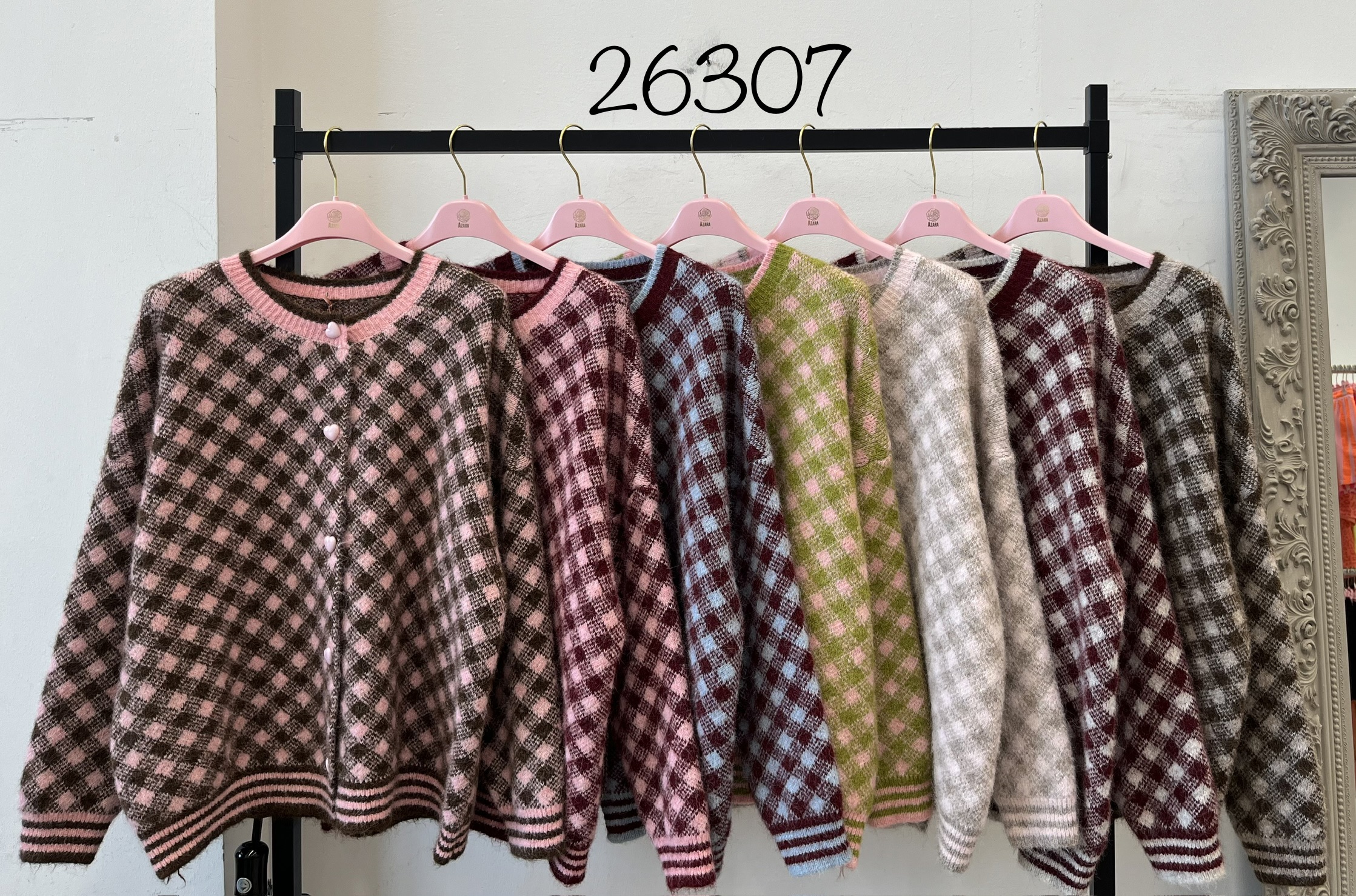 Checked Cardigan with Round Neck