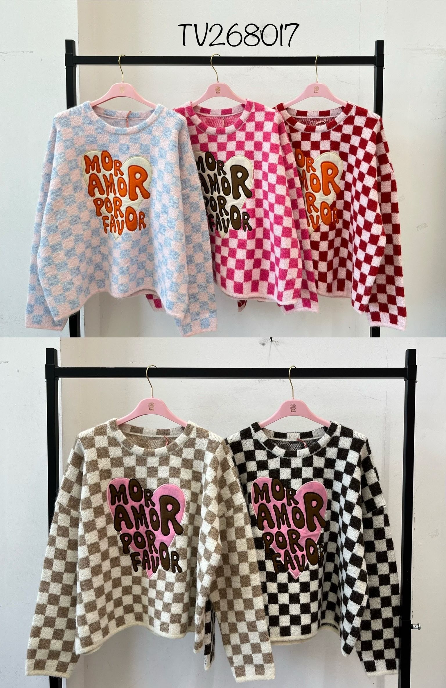 Relaxed Check Sweater with Heart Appliqué