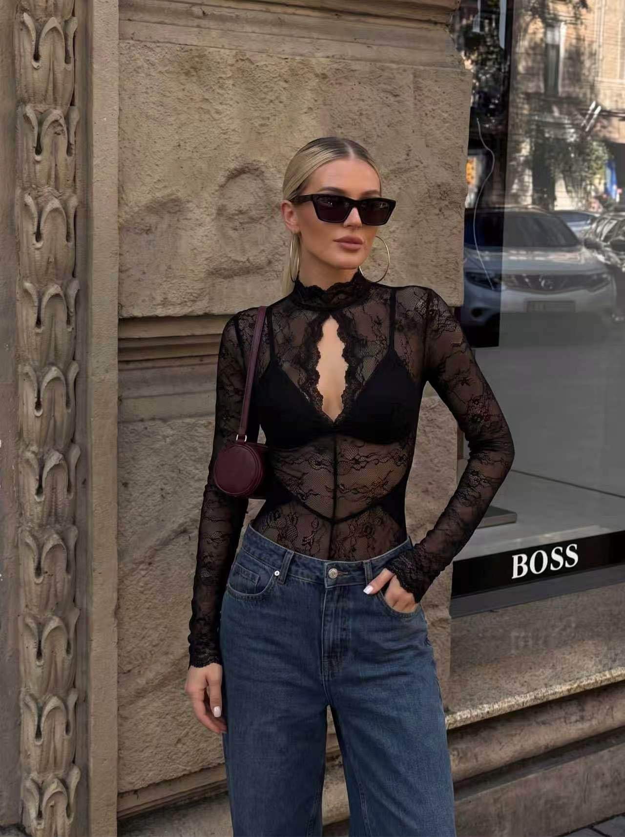 Lace Crop Top with Mock Turtleneck