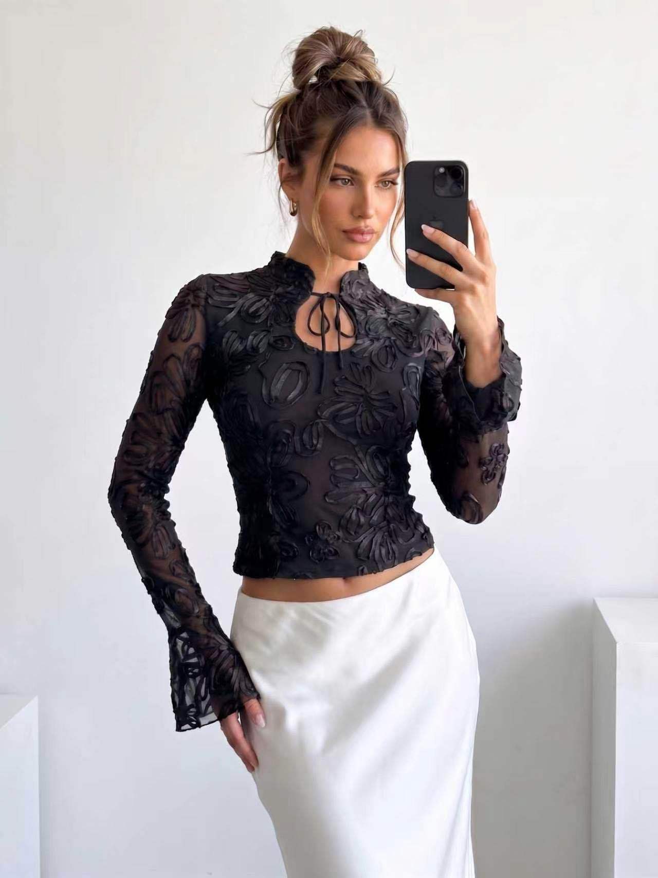 Fitted Mock‑Neck Lace Top