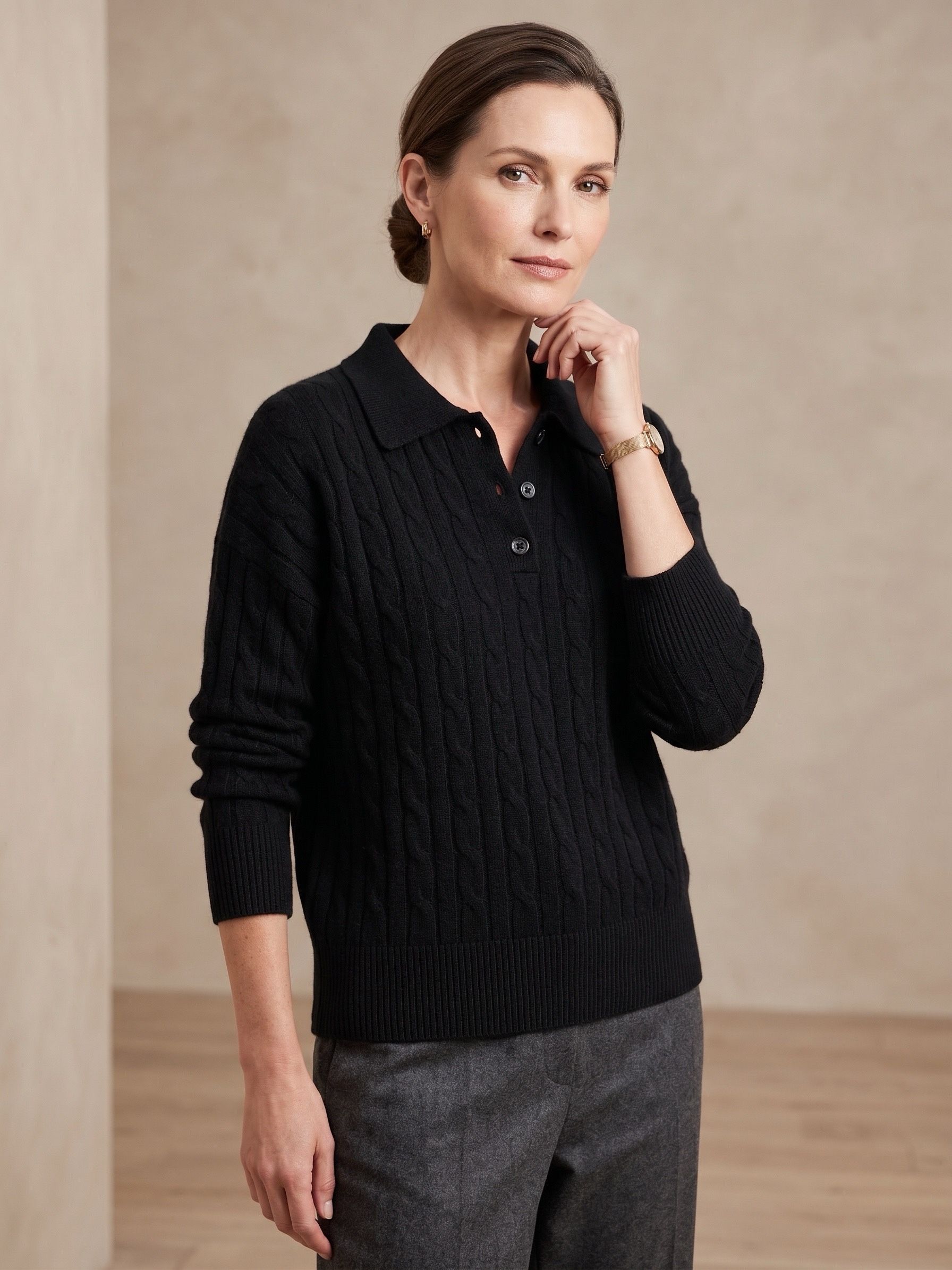 Cable-Knit Polo Sweater