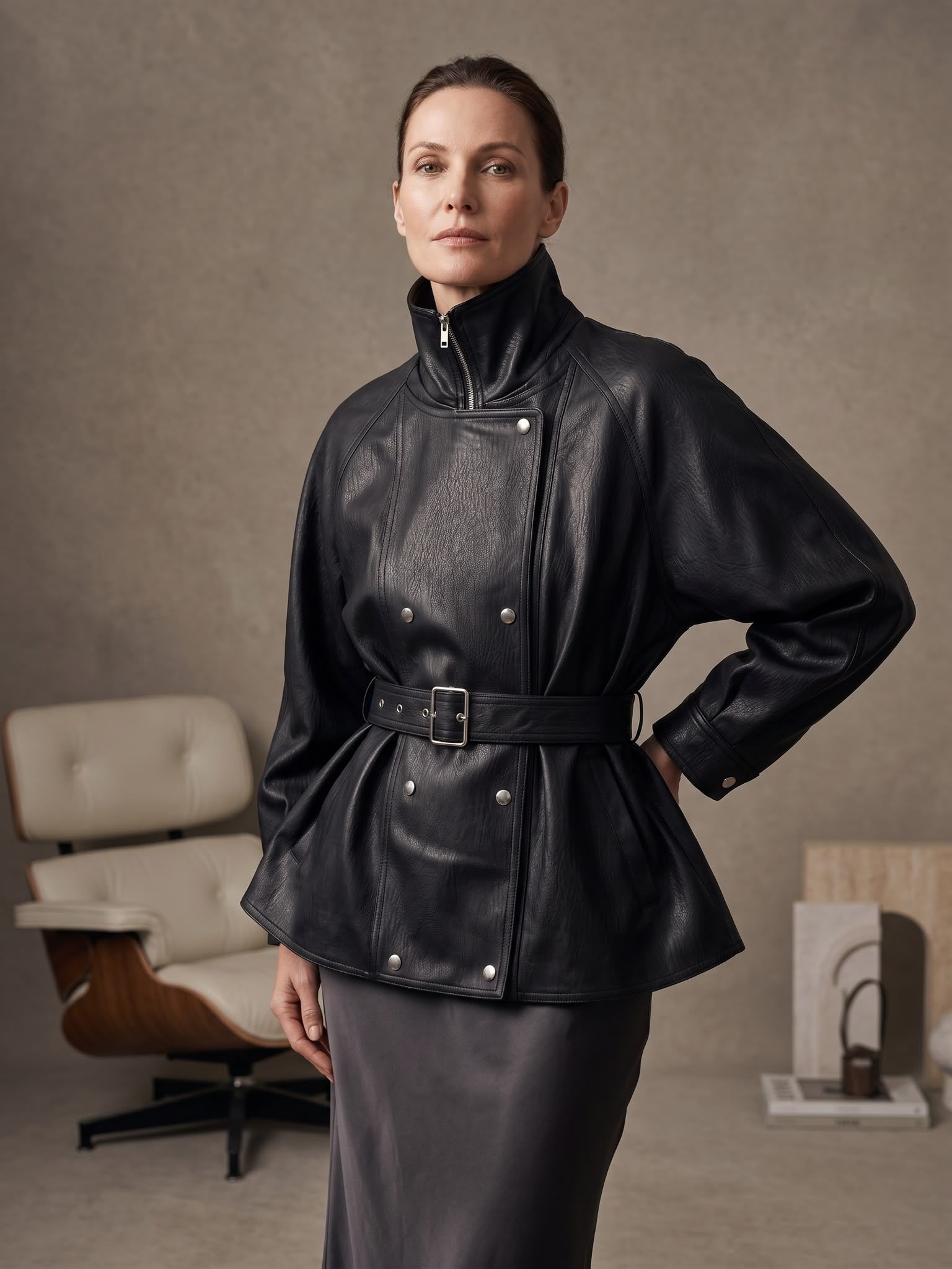 Eco-Leather Jacket with Funnel Neck