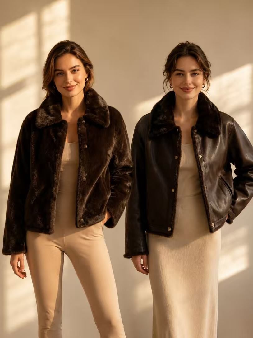 Faux Leather Jacket with Plush Collar
