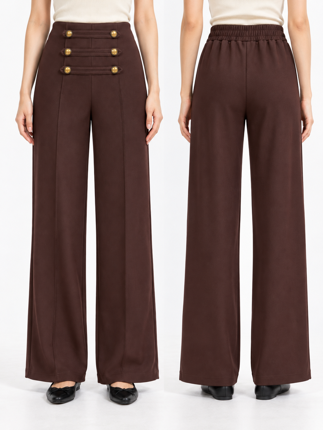 Wide-Leg Trousers with Decorative Buttons