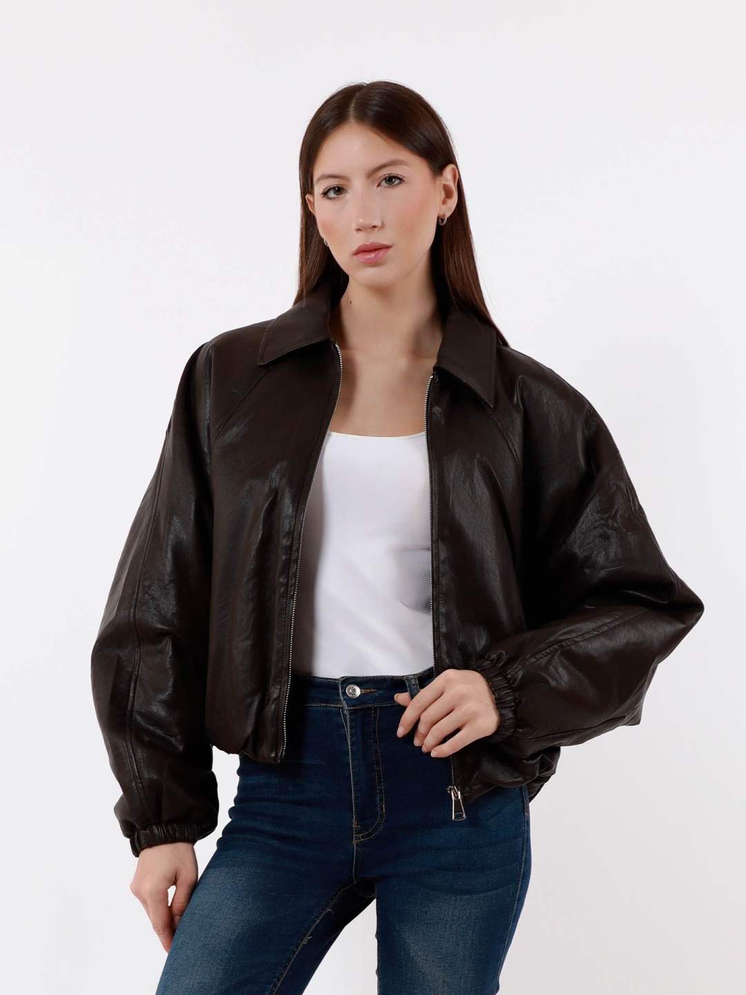 Oversized Faux-Leather Bomber Jacket