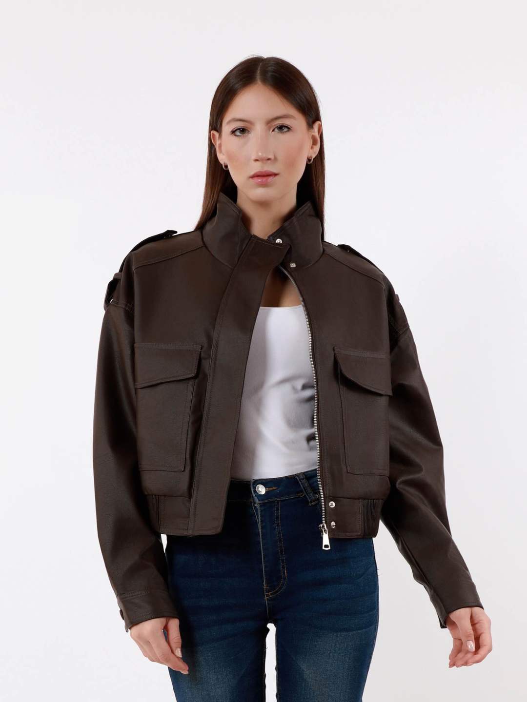 Short Bomber Jacket with Stand Collar