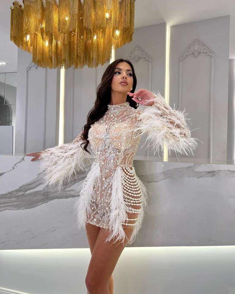 Feather-Trim Mini with Mock Neck