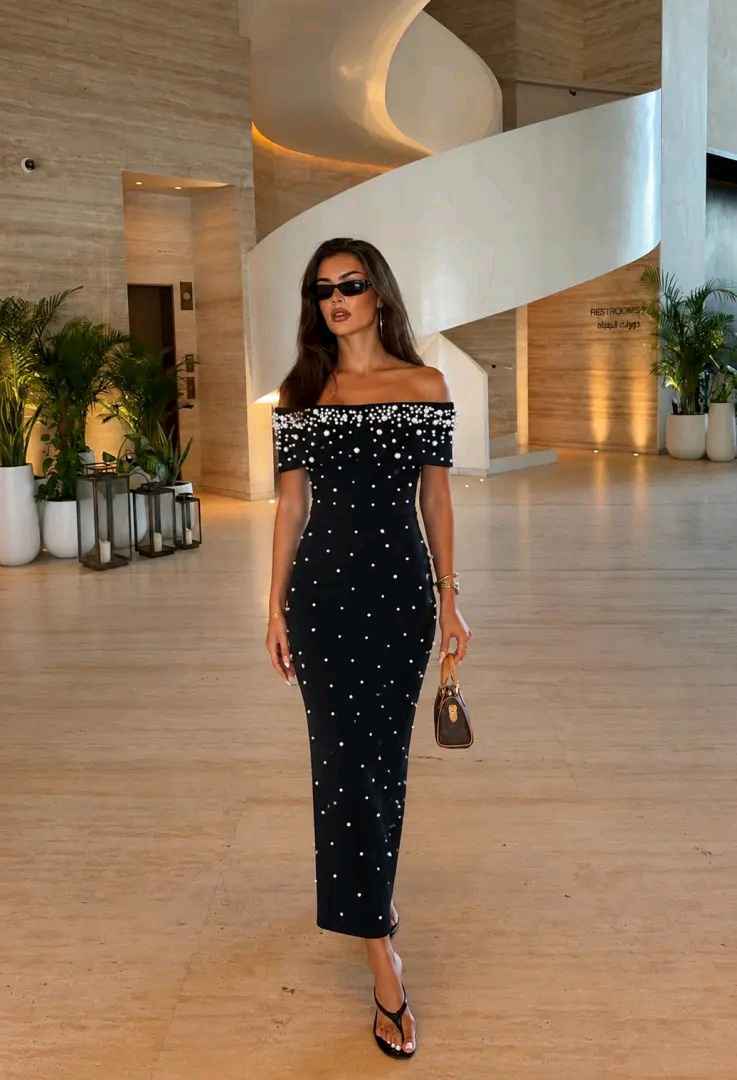 Midi Pencil Bardot Dress with Studs
