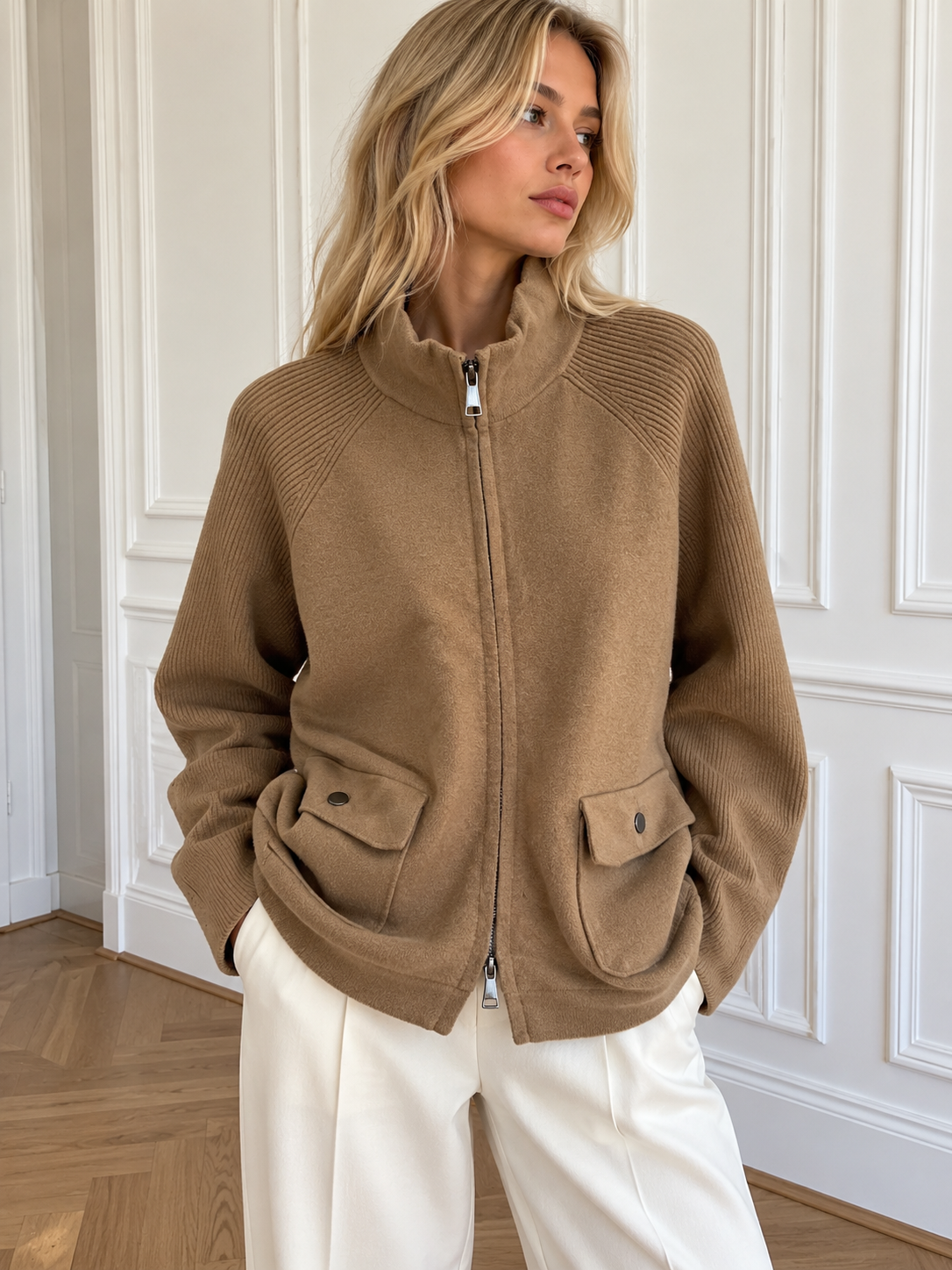 Knitted Jacket with Stand Collar