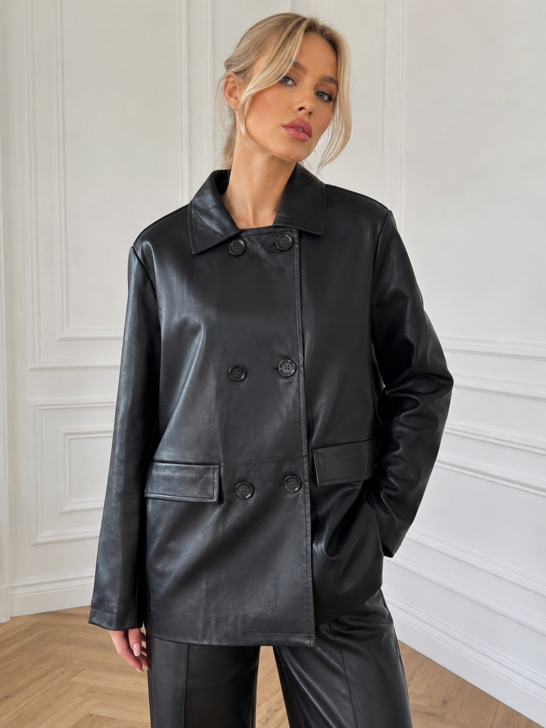 Midi Faux-Leather Coat with Shirt Collar