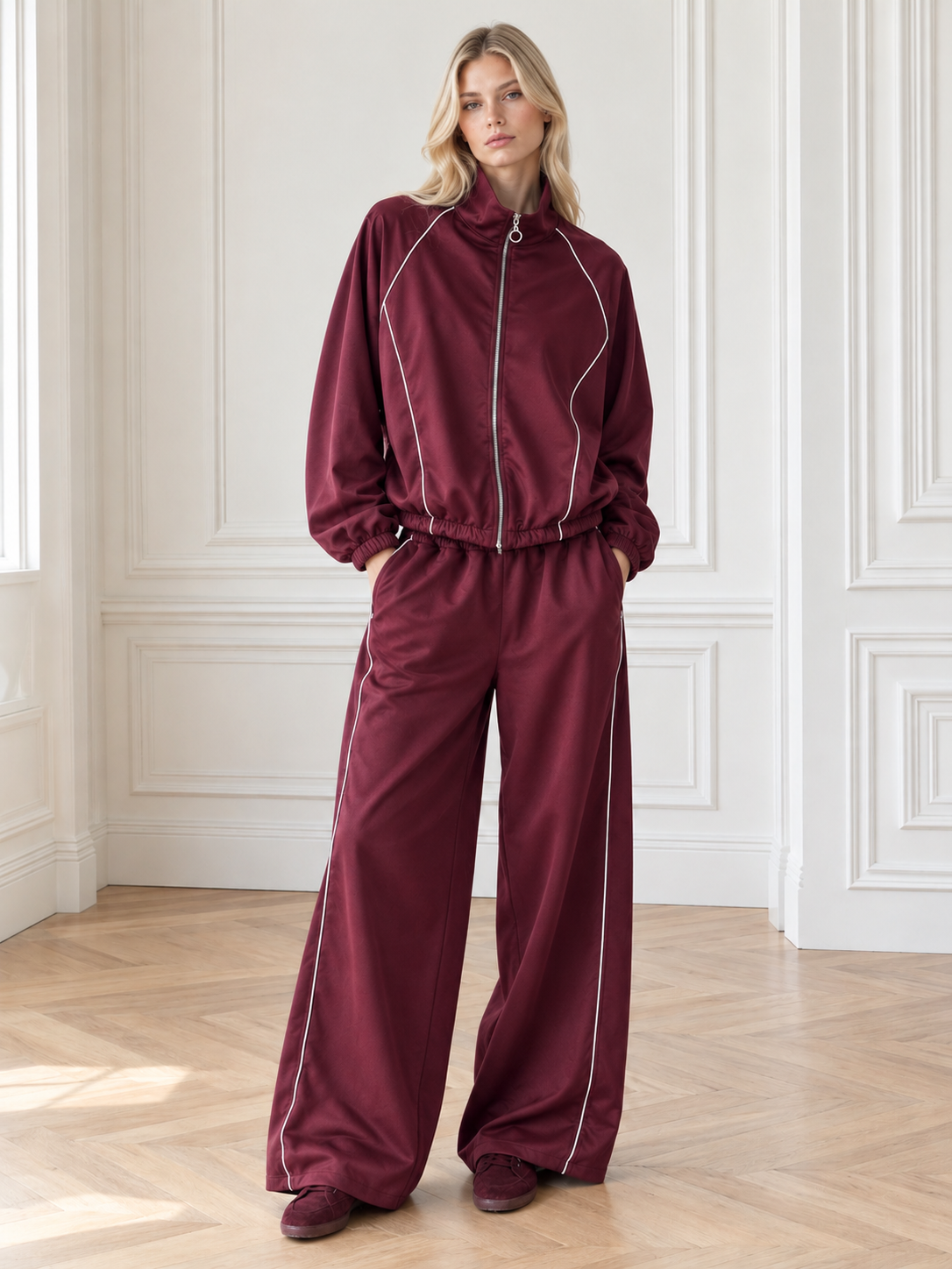 Wide-Fit Tracksuit Set with Stand Collar