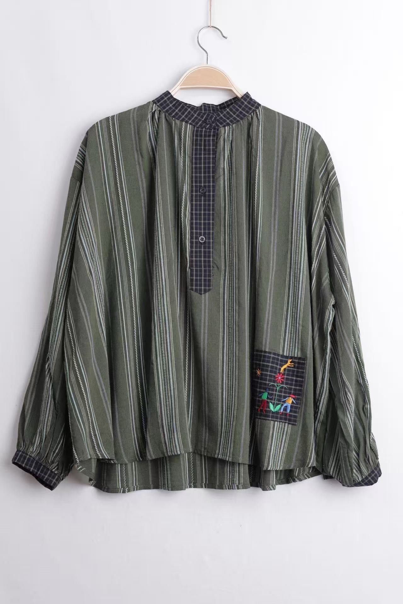 Relaxed Striped Shirt with Stand Collar