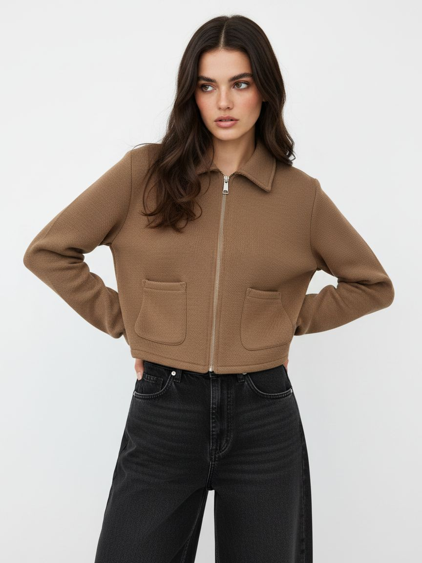 Short Knit Jacket with Shirt Collar