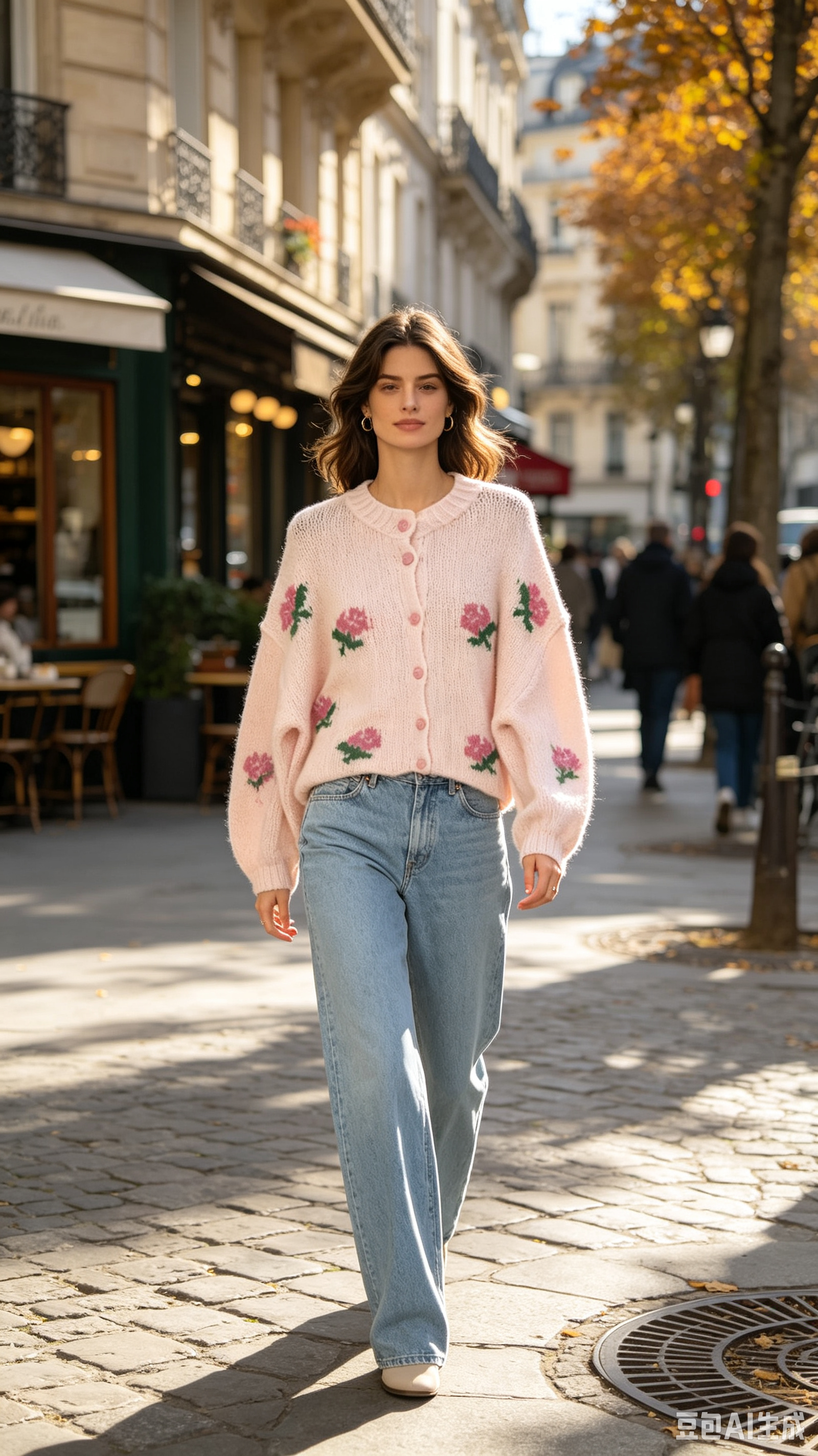 Relaxed Cardigan with Rose Motif