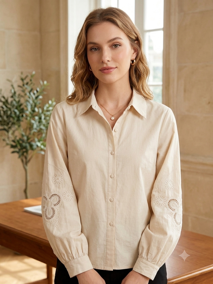 Embroidered Bishop-Sleeve Shirt