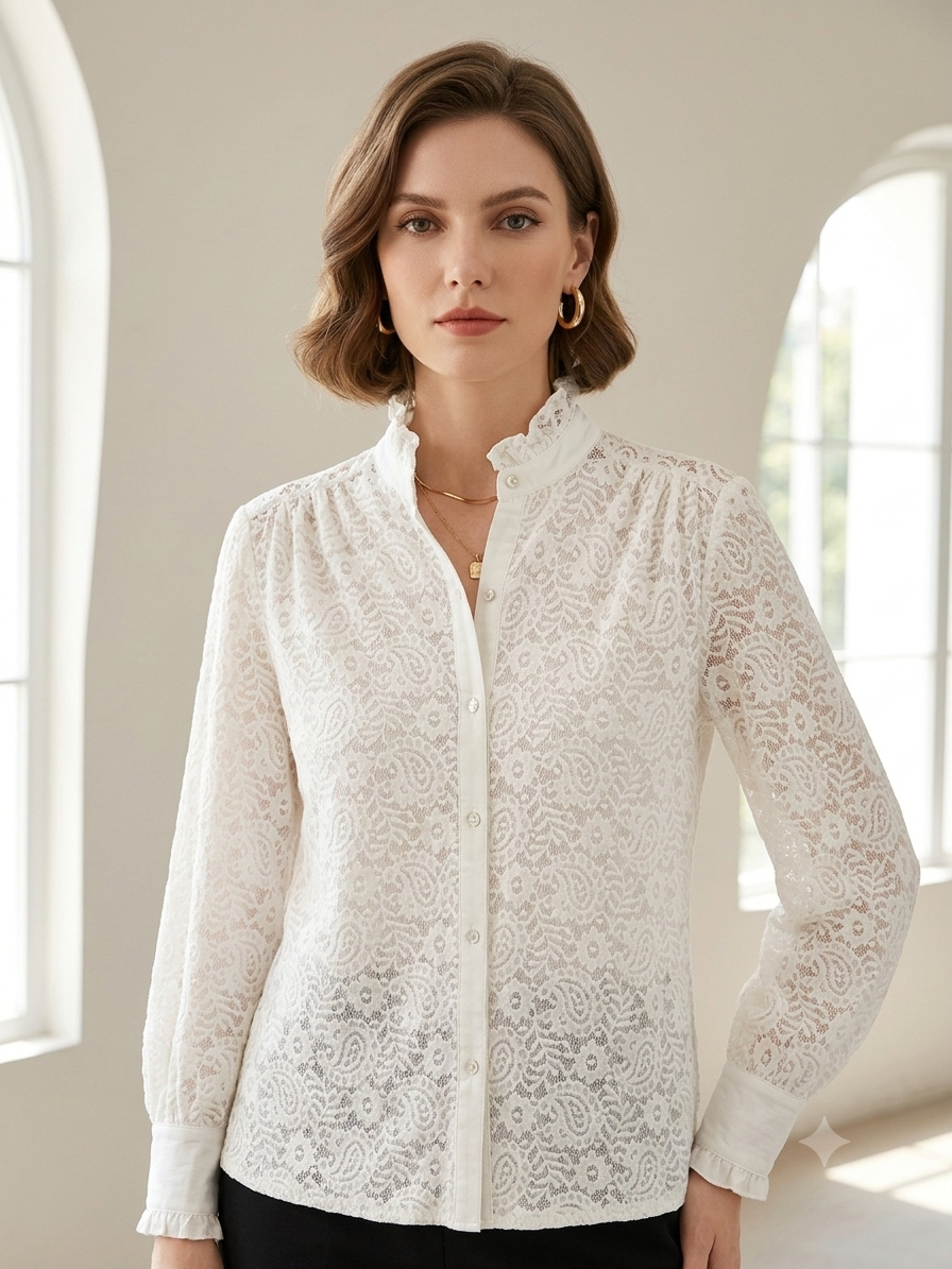 Lace Blouse with Ruffled Stand Collar