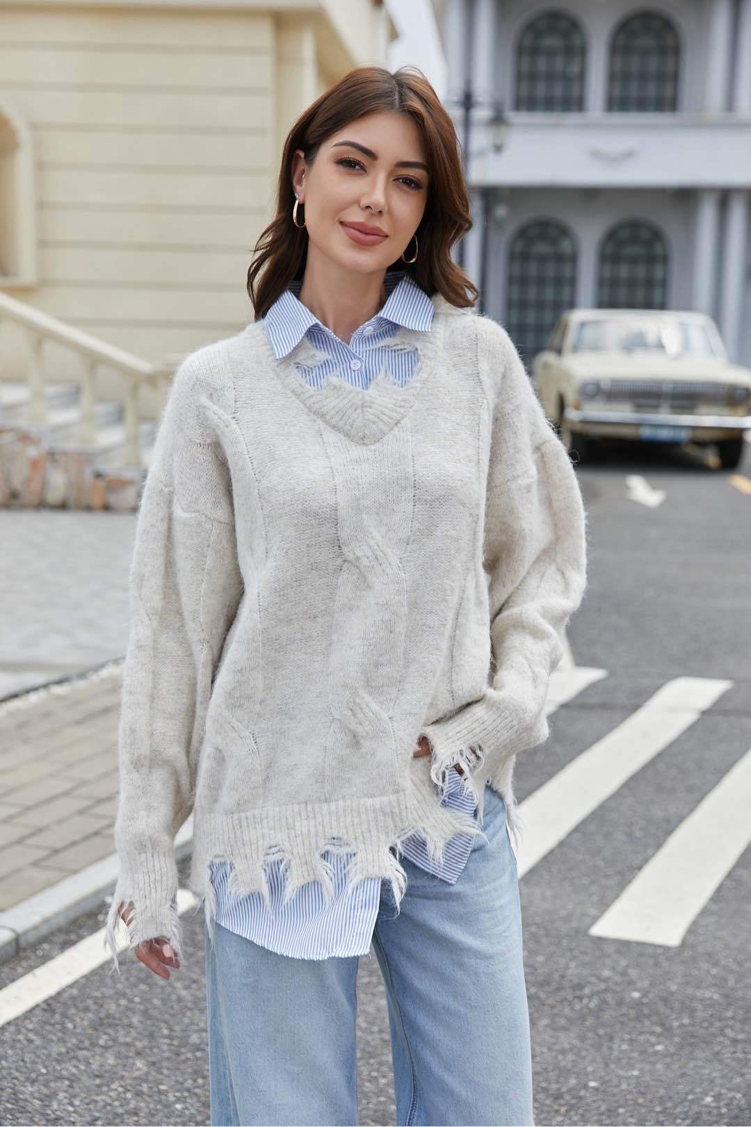 Relaxed Cut Sweater with Cut-Outs