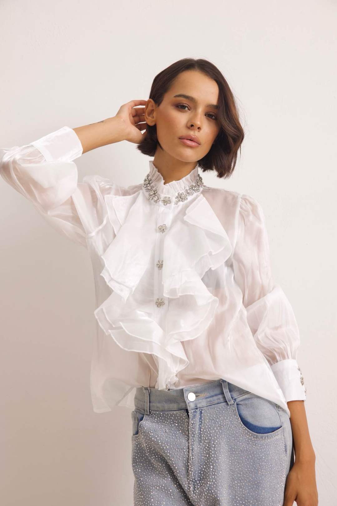Ruffled Stand-Collar Shirt