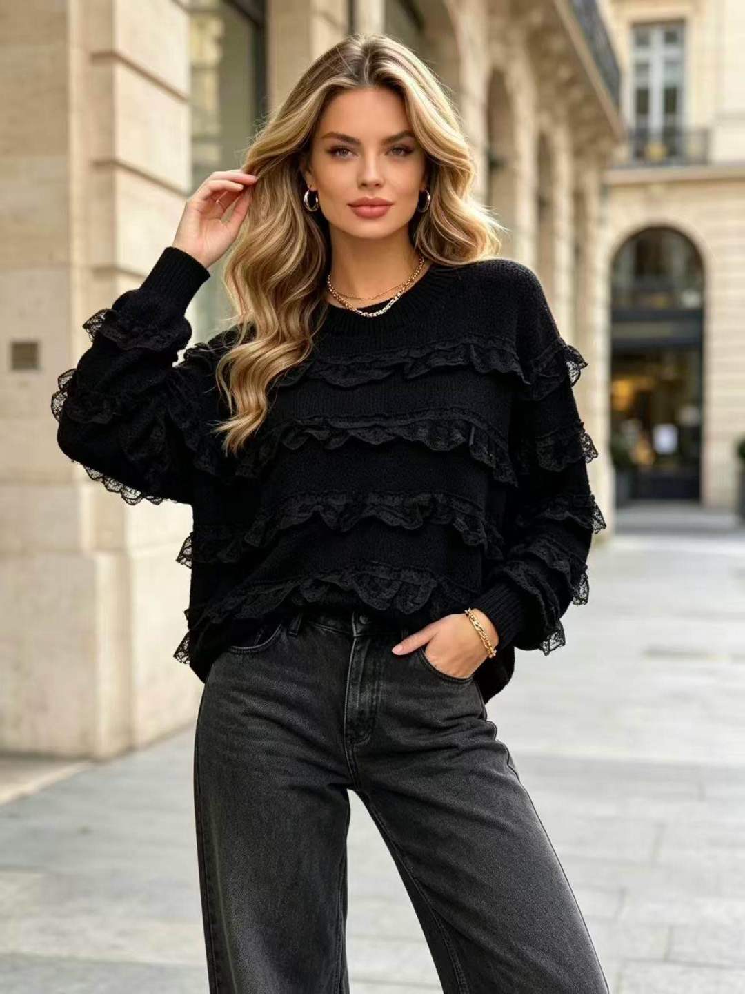 Ruffle Sweater with Lace