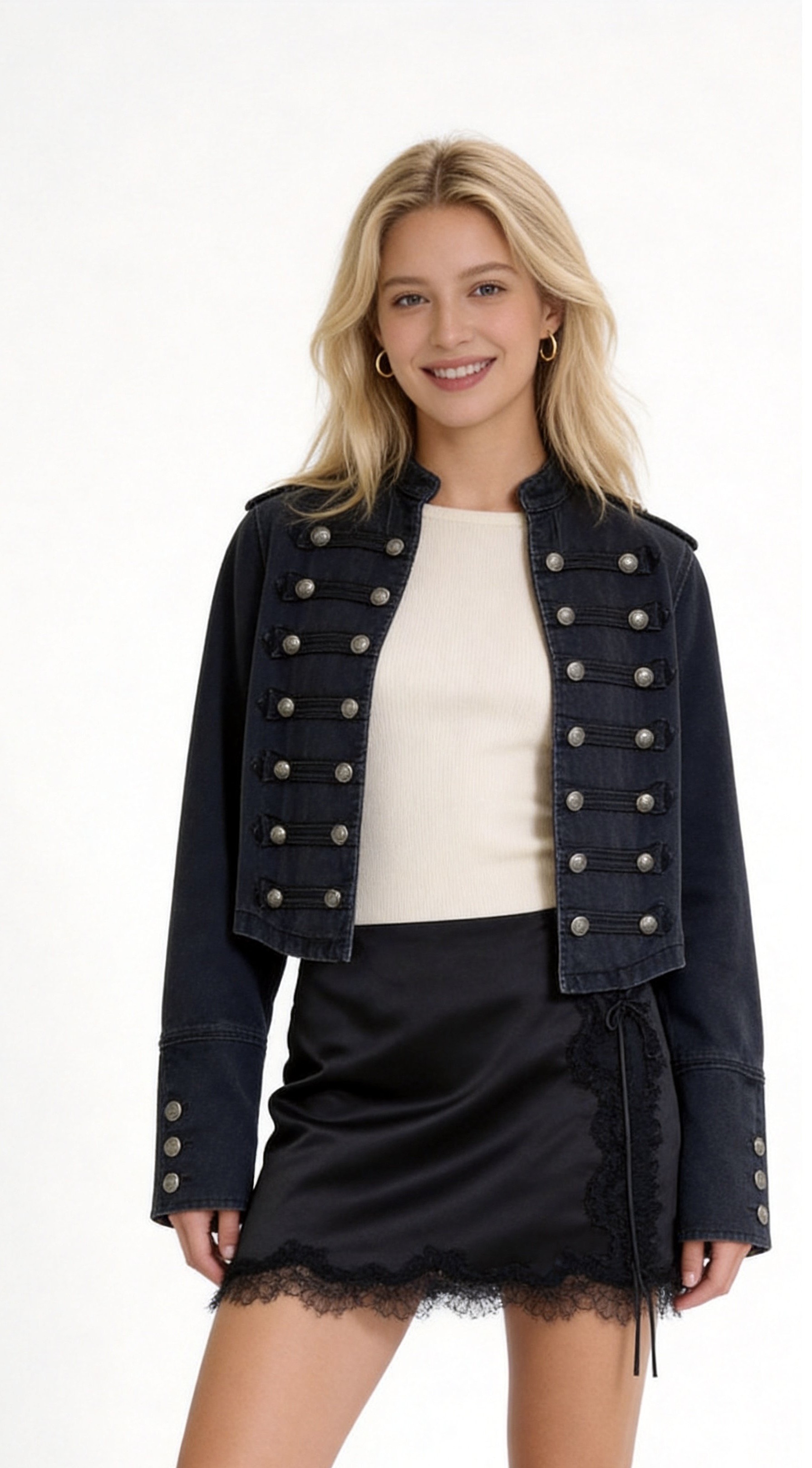 Short Stand-Collar Denim Jacket