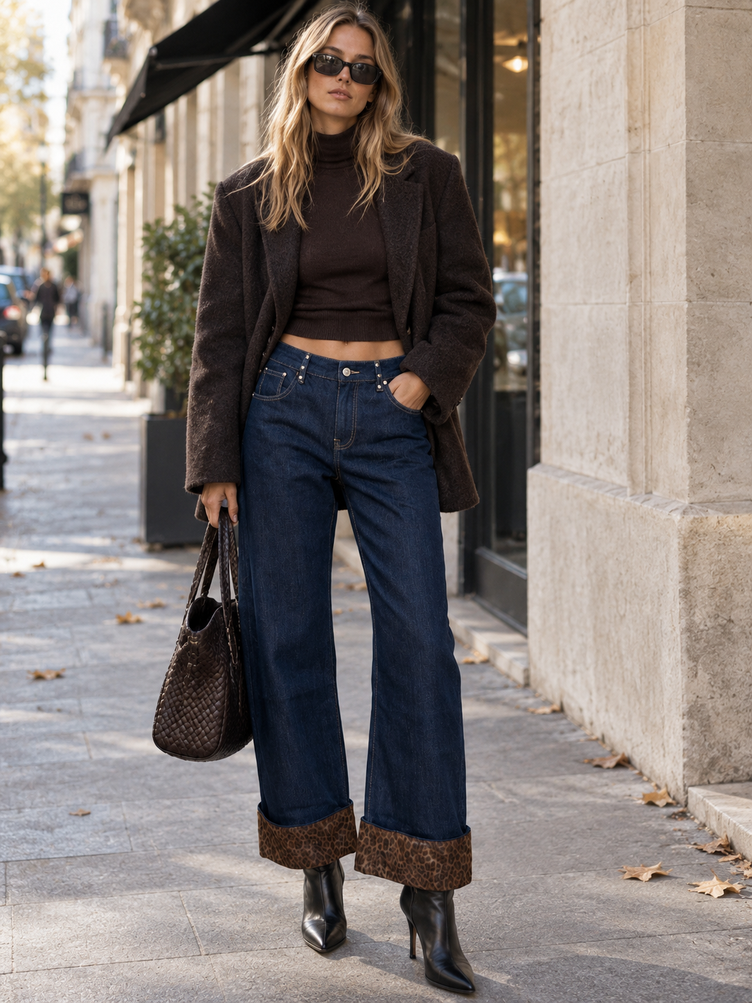 Wide Jeans with Leopard Trim