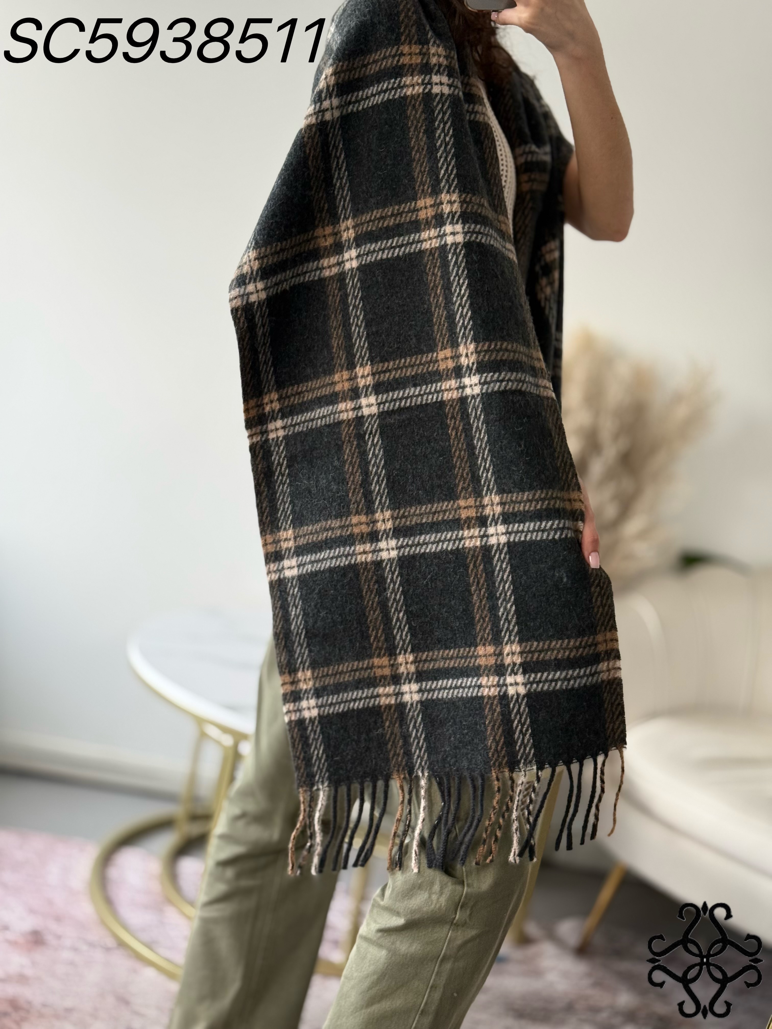 Oversized Checked Scarf with Fringe