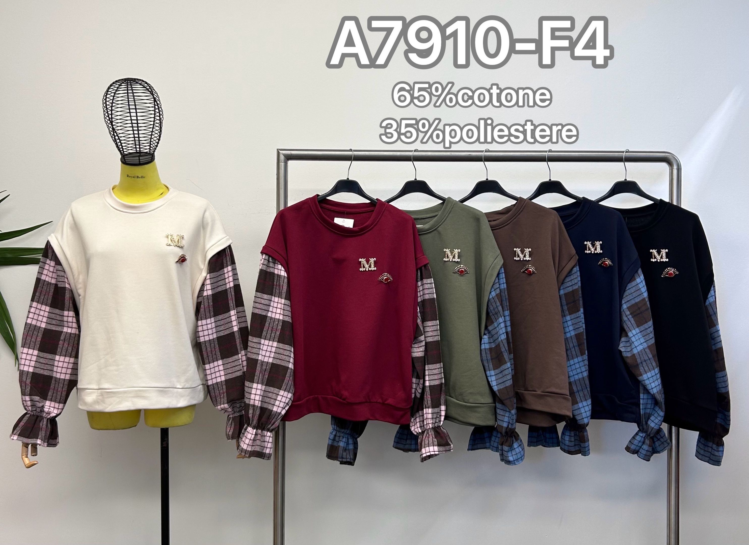 Bishop‑Sleeve Check Sweatshirt