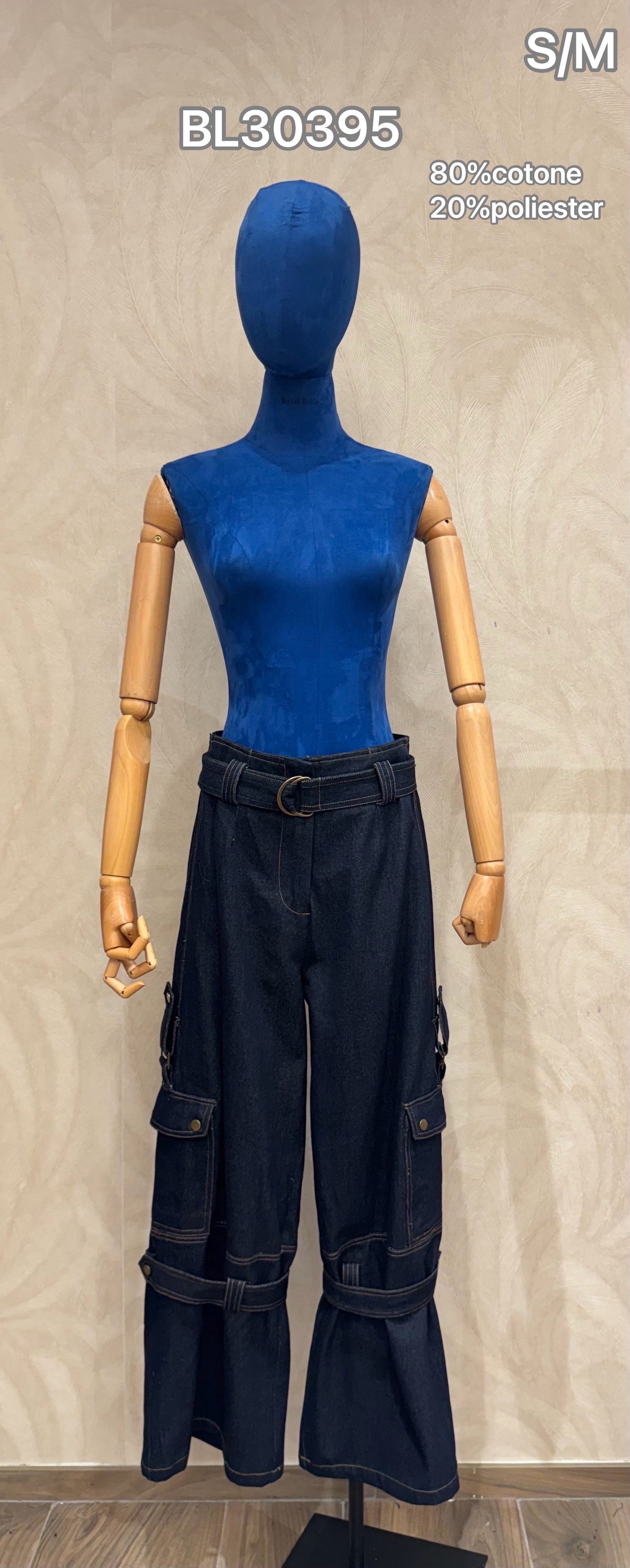 High‑Waist Cargo Denim Trousers