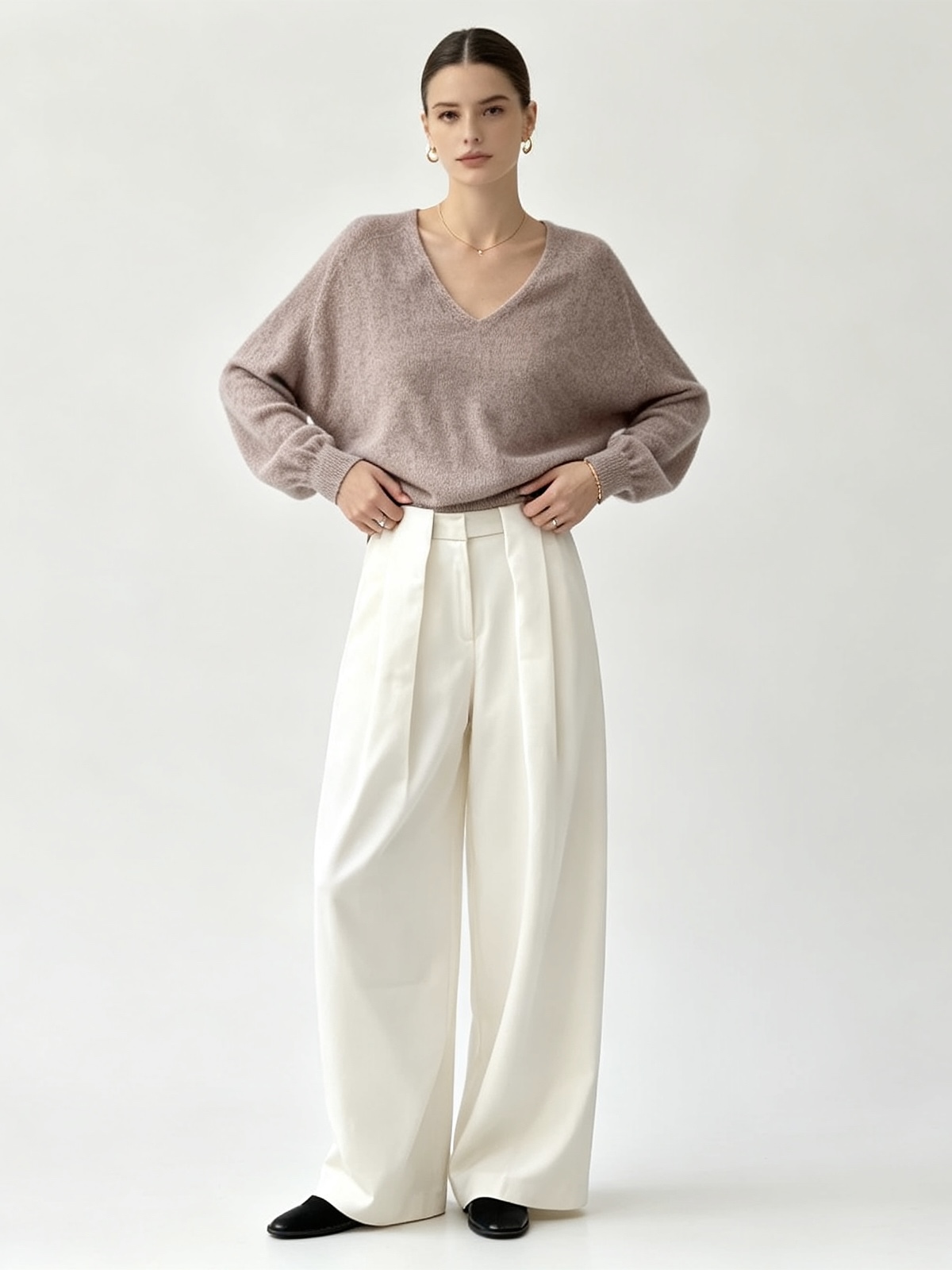 Oversized Bishop-Sleeve V‑Neck Sweater