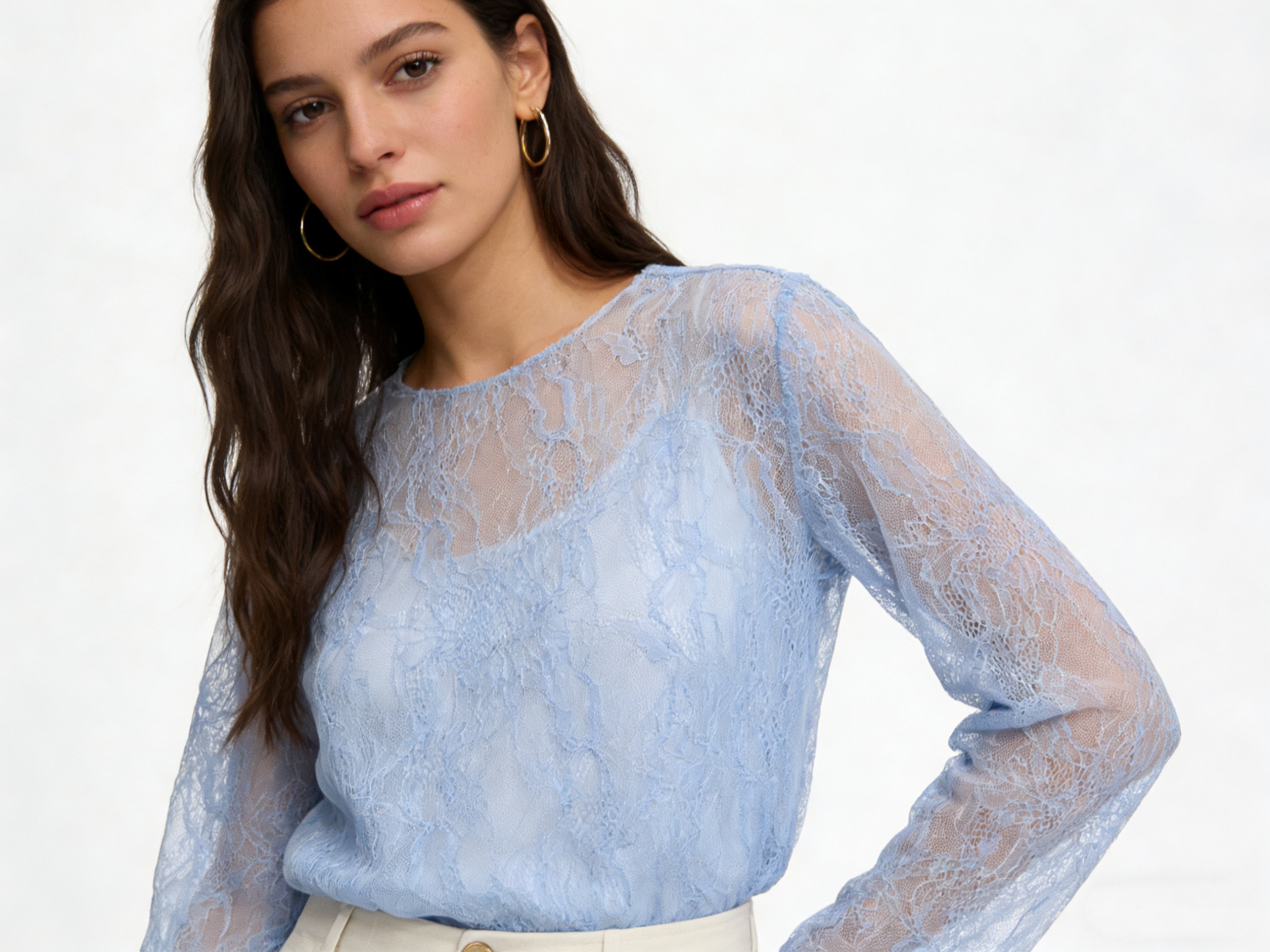 Lace Insert Round‑Neck Blouse