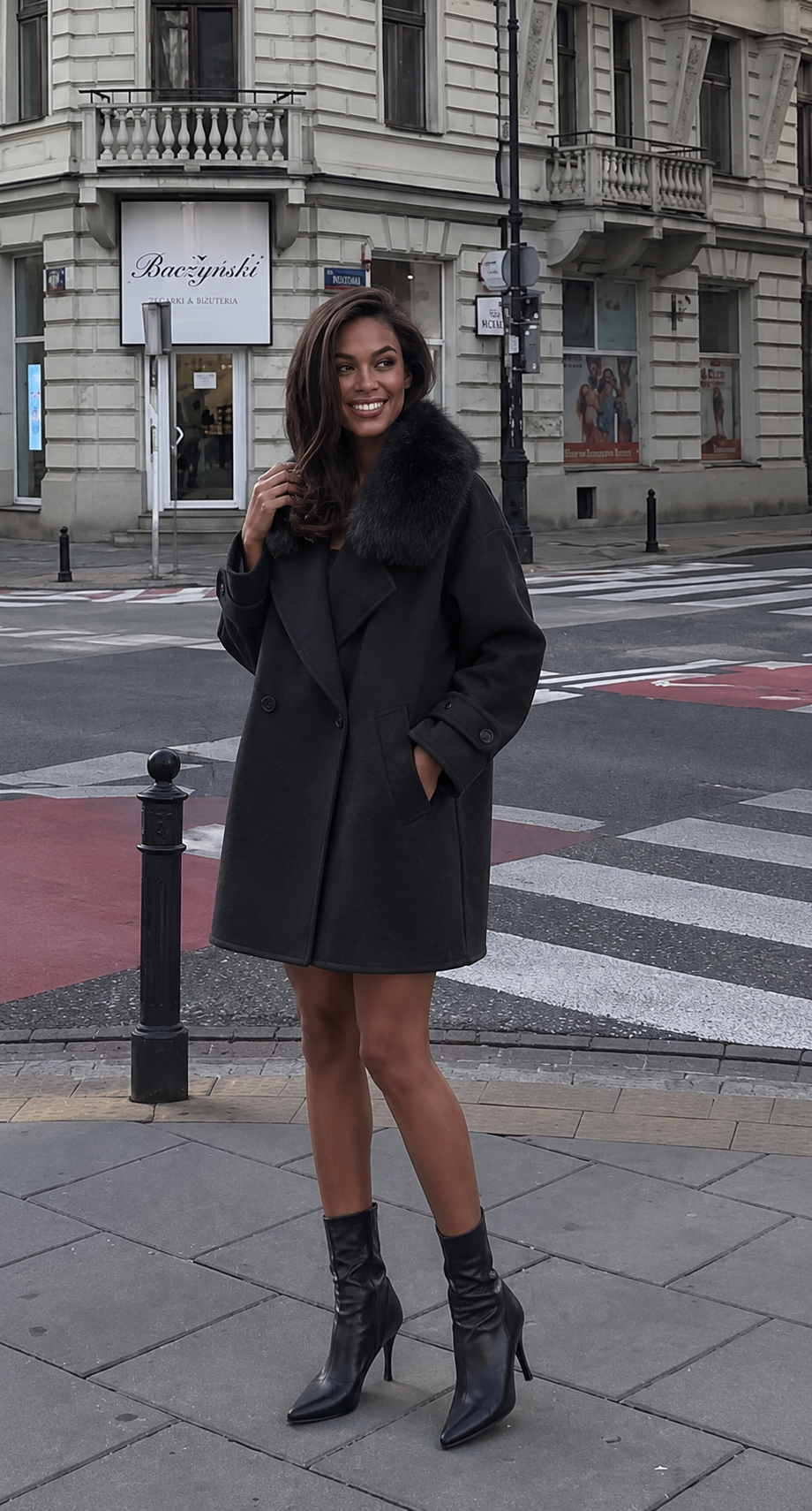 Longline Coat with Faux-Fur Collar