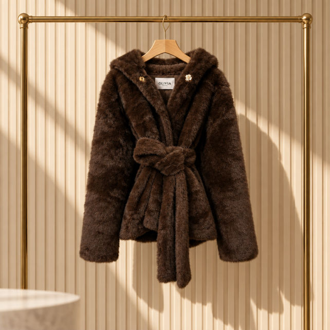 Hooded Belted Short Faux-Fur Coat