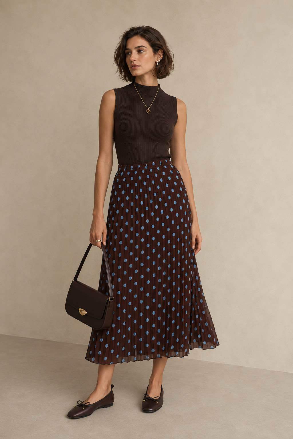 Pleated Midi Skirt with Polka Dots