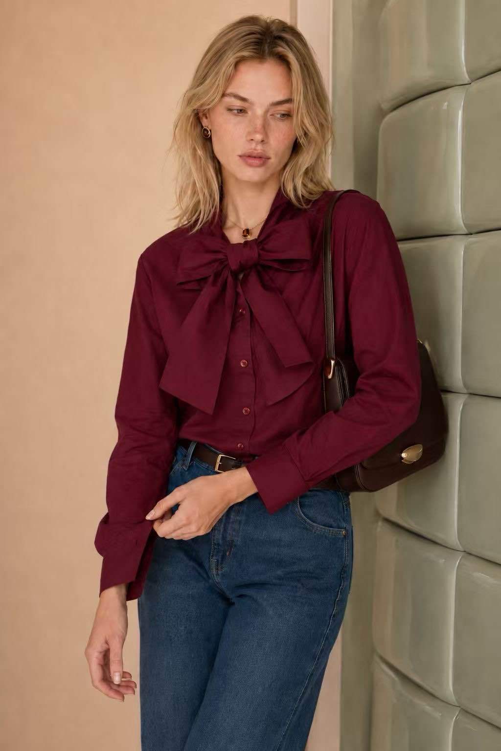 Stand-Collar Bow Shirt