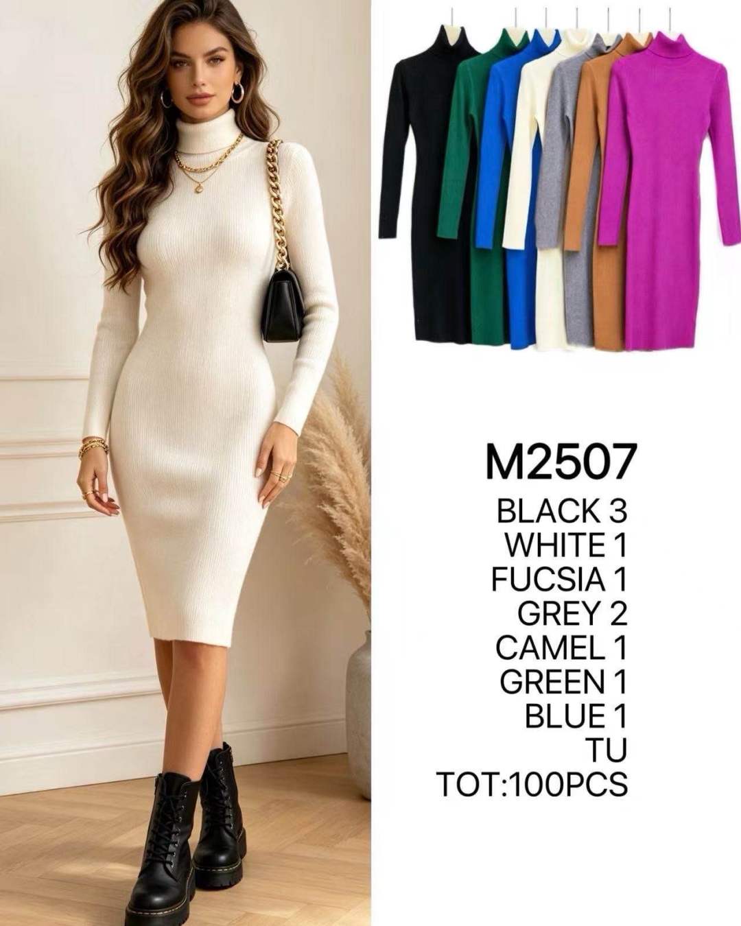 Ribbed Midi Sweater Dress with Turtleneck