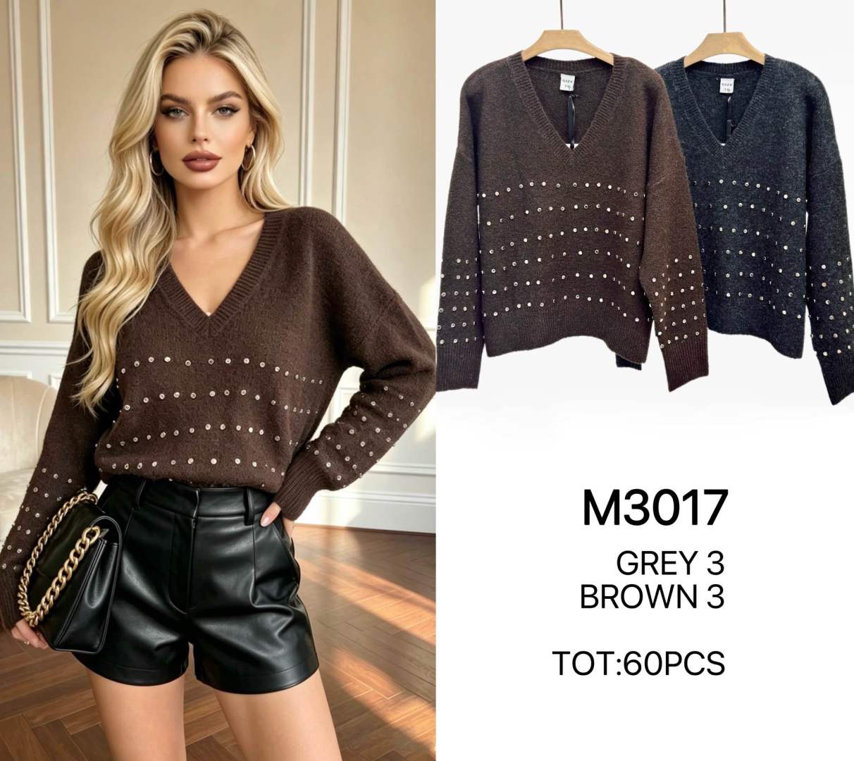 Relaxed V-Neck Sweater with Studs