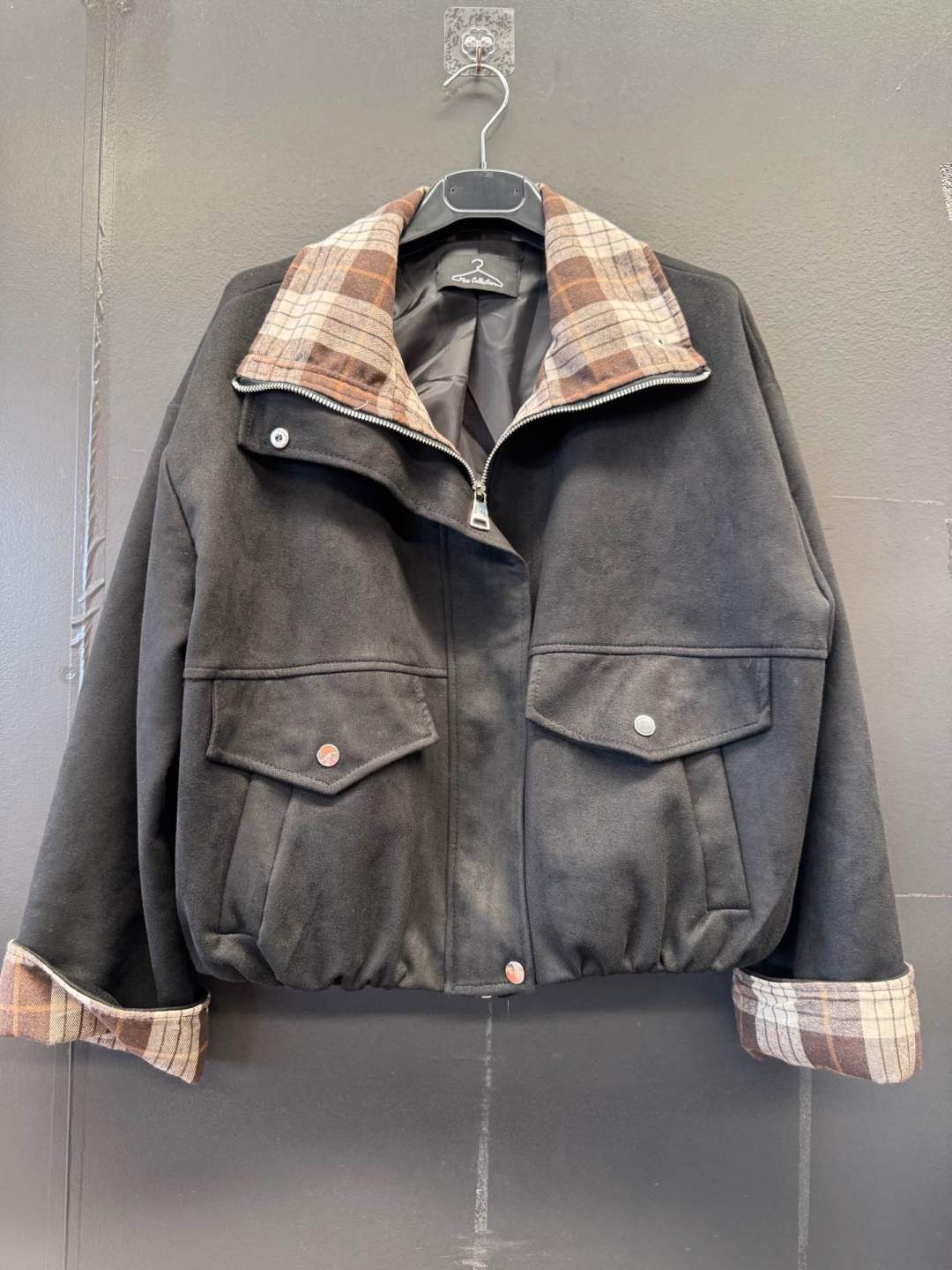 Short Bomber Jacket with Stand Collar