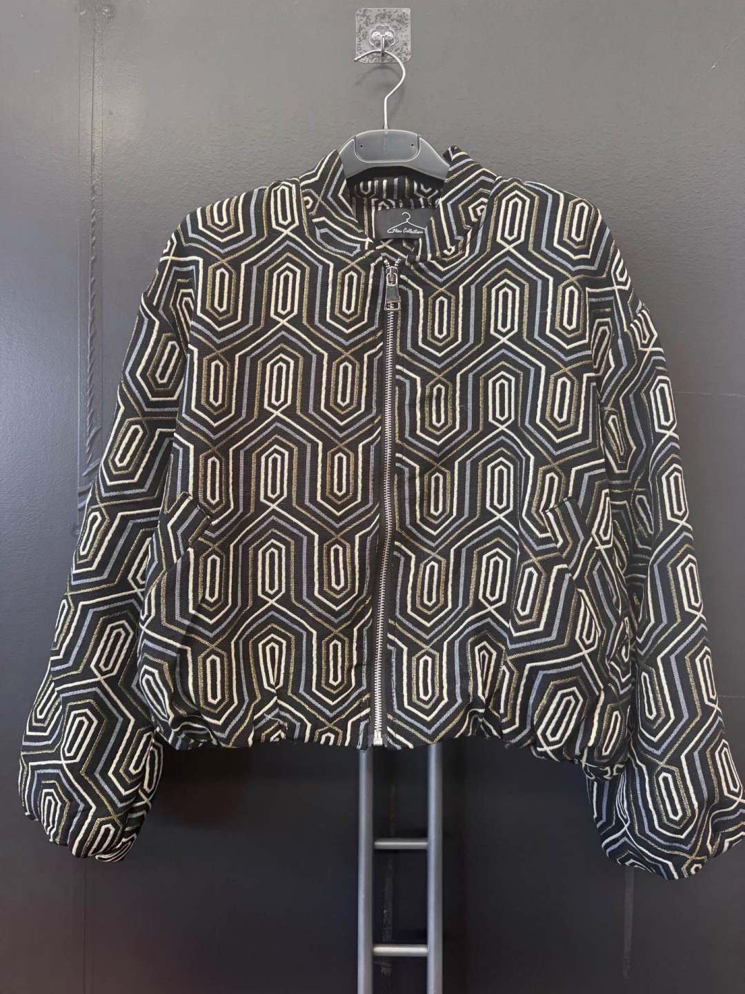 Short Bomber Jacket with Geometric Pattern