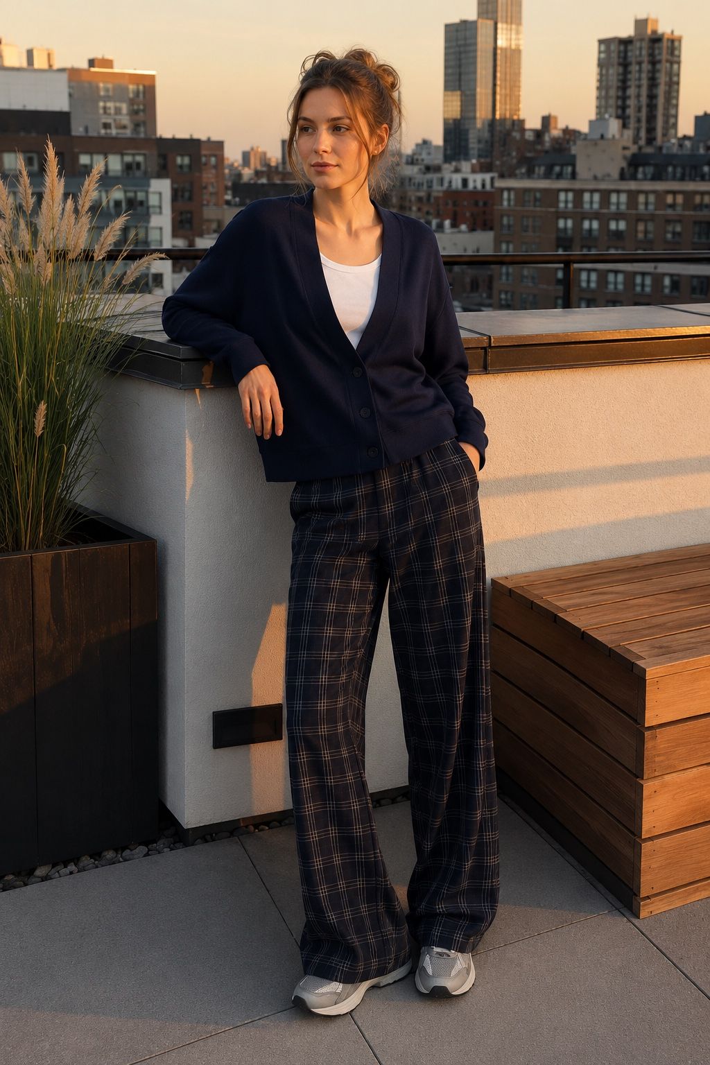 Wide Leg Checked Trousers