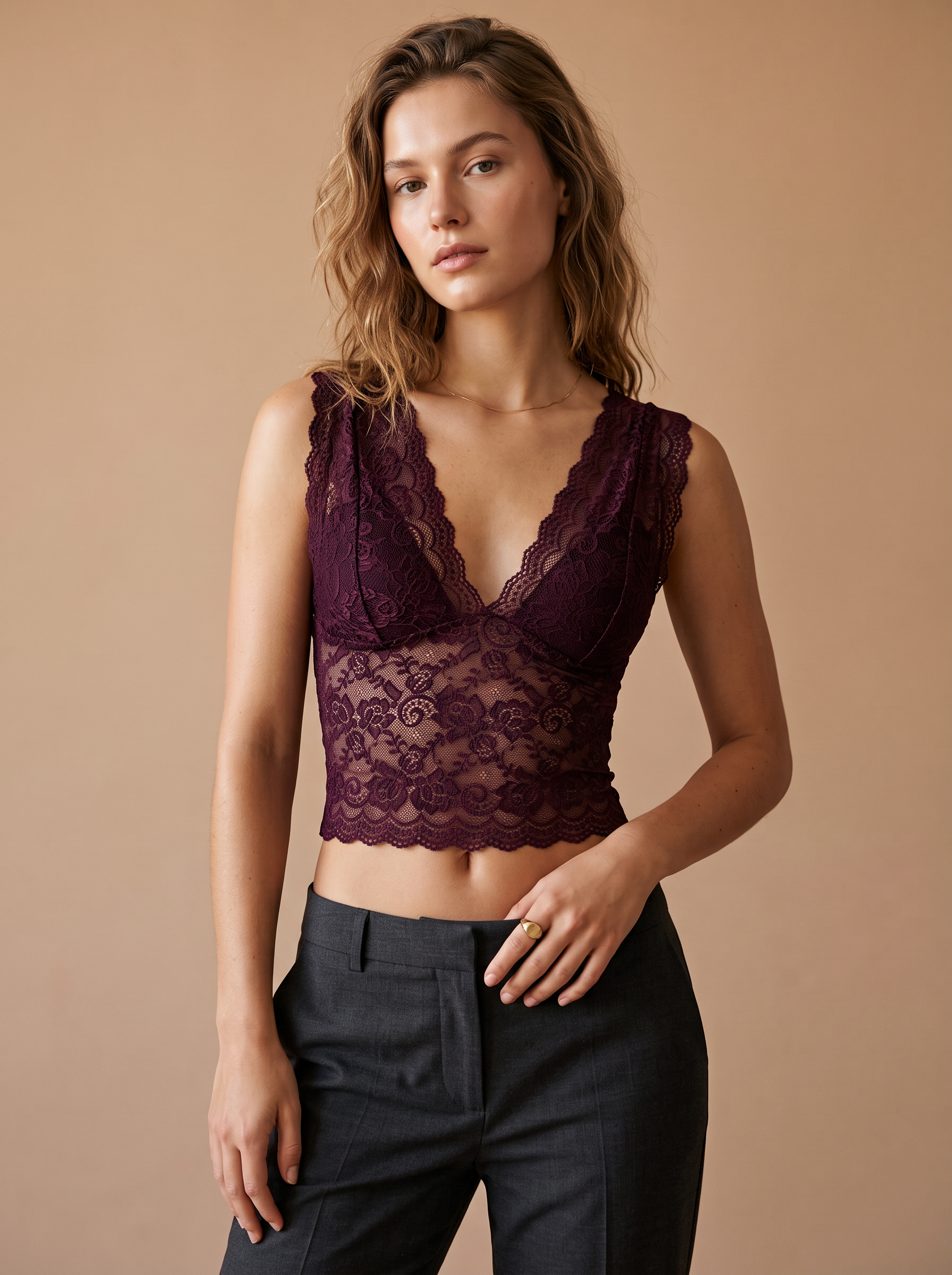 Lace Cropped V‑Neck Top