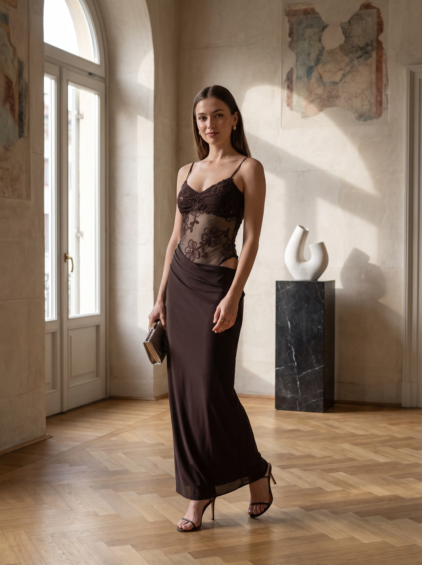 Fitted Midi Pencil Dress with Embroidery