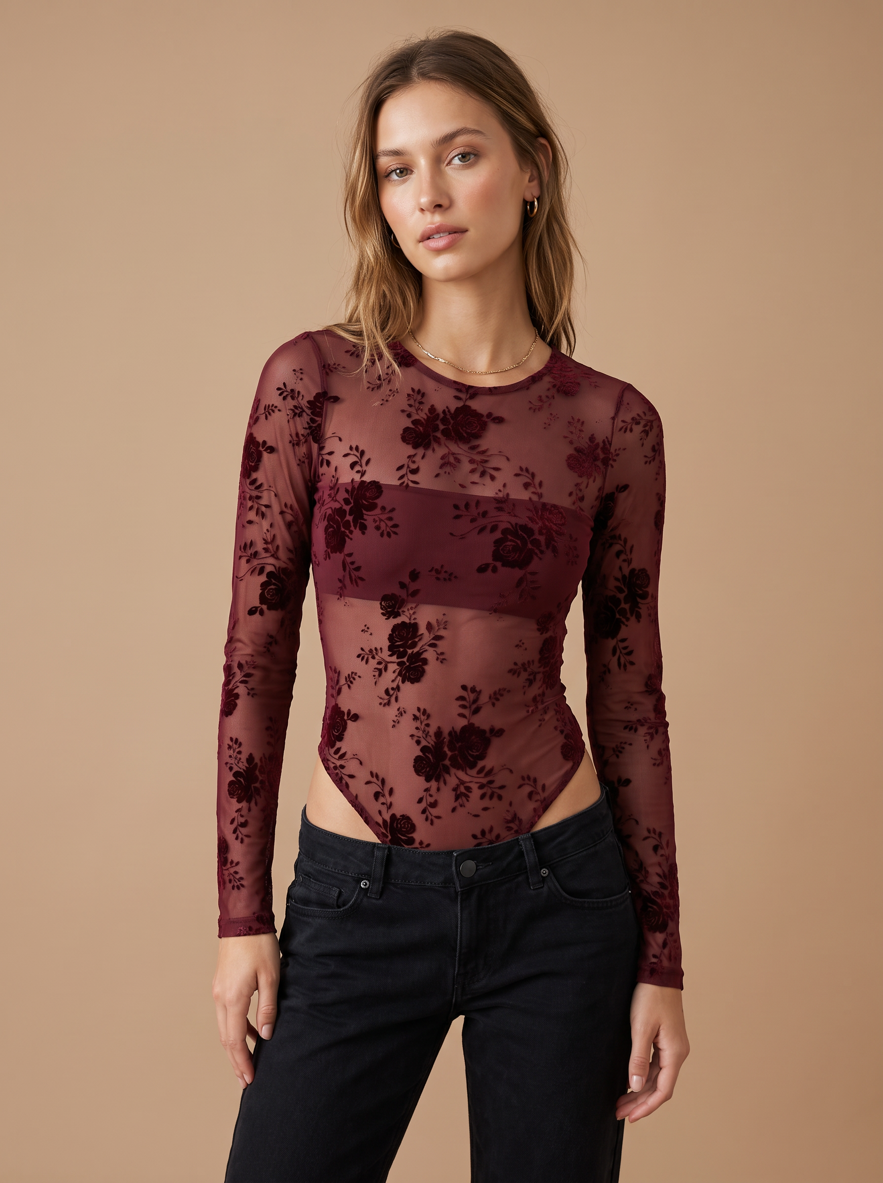Fitted Top with Flocked Floral Motif