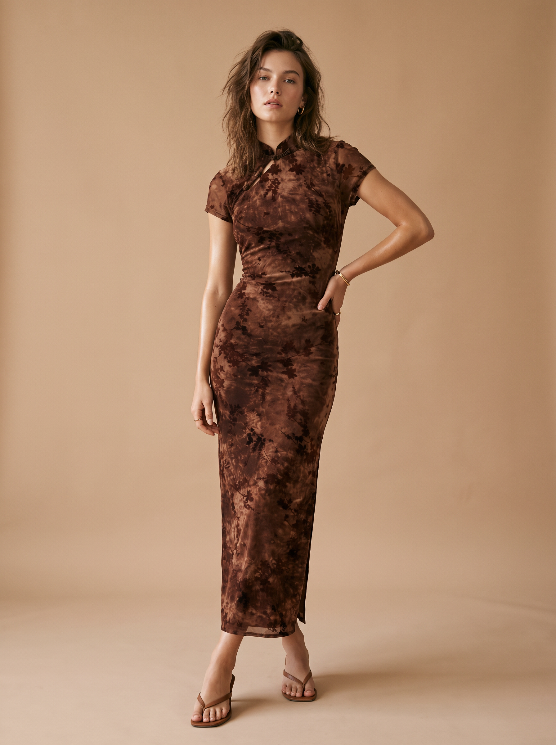 Fitted Maxi Pencil Dress with Stand Collar