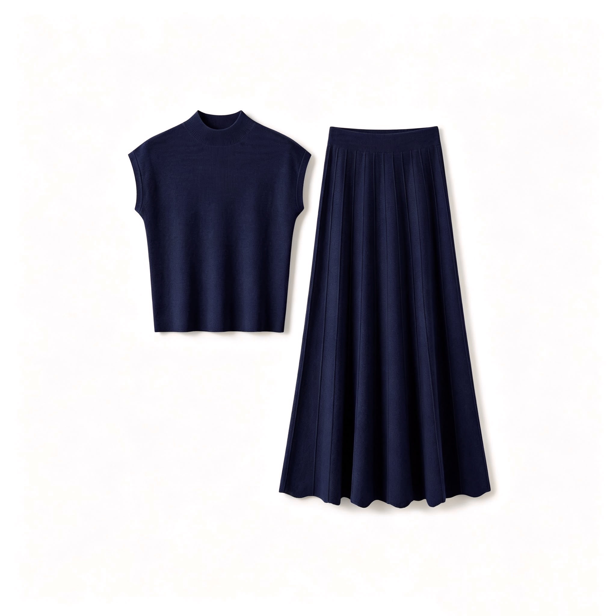 Pleated Knit Set with Funnel Neck
