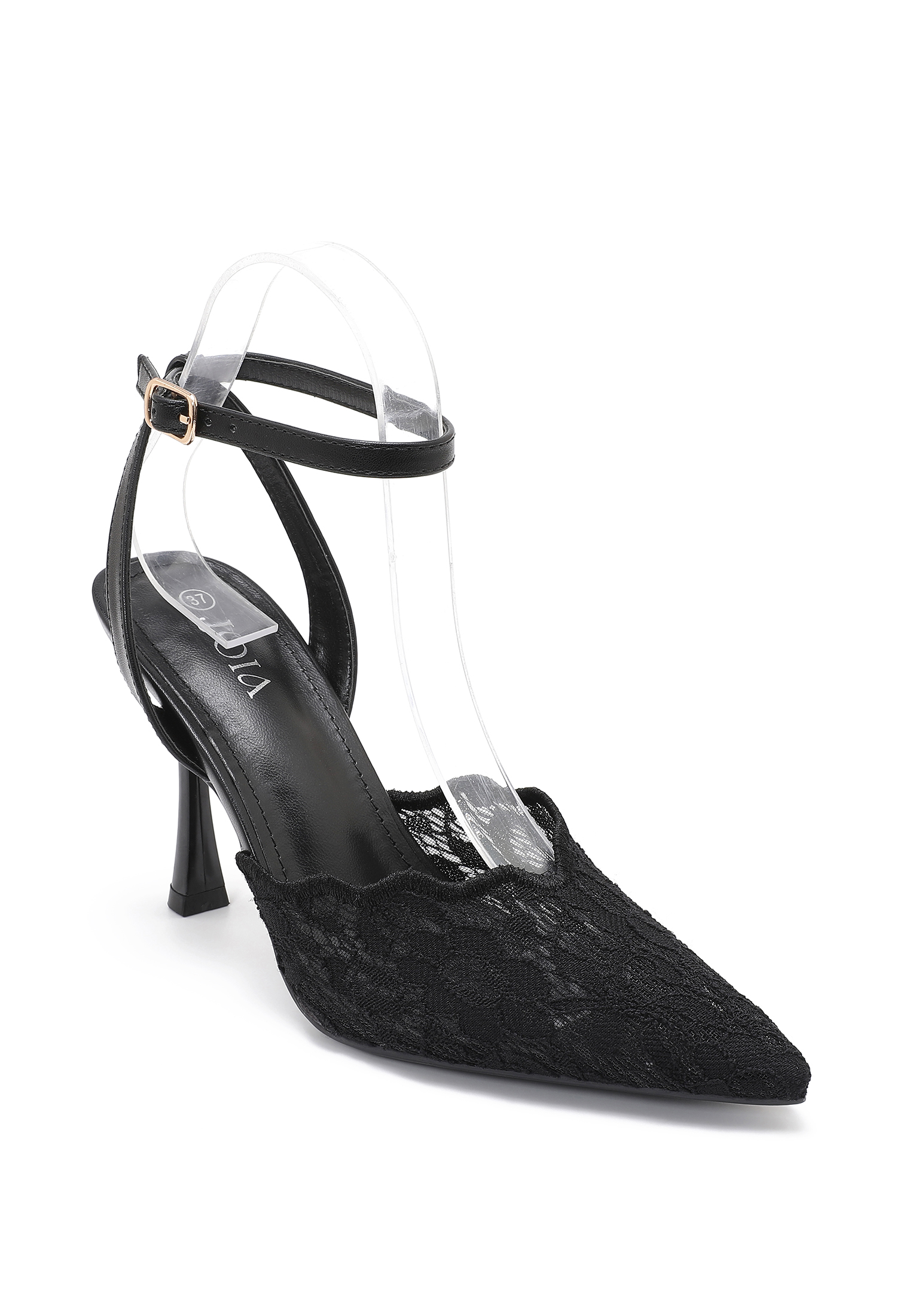 Lace Pointed Heels with Ankle Strap