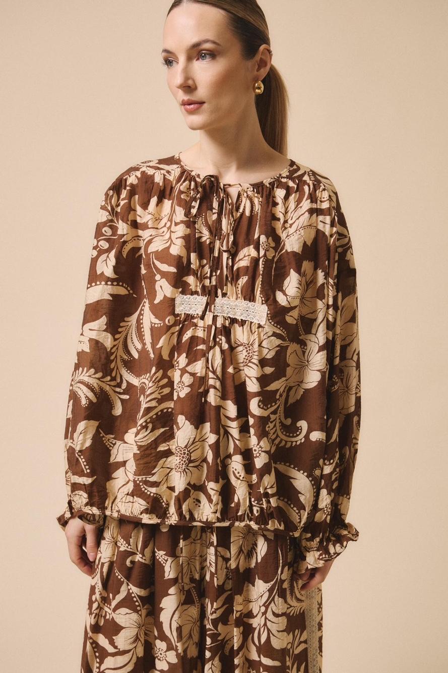 Tie-Front Bishop-Sleeve Blouse