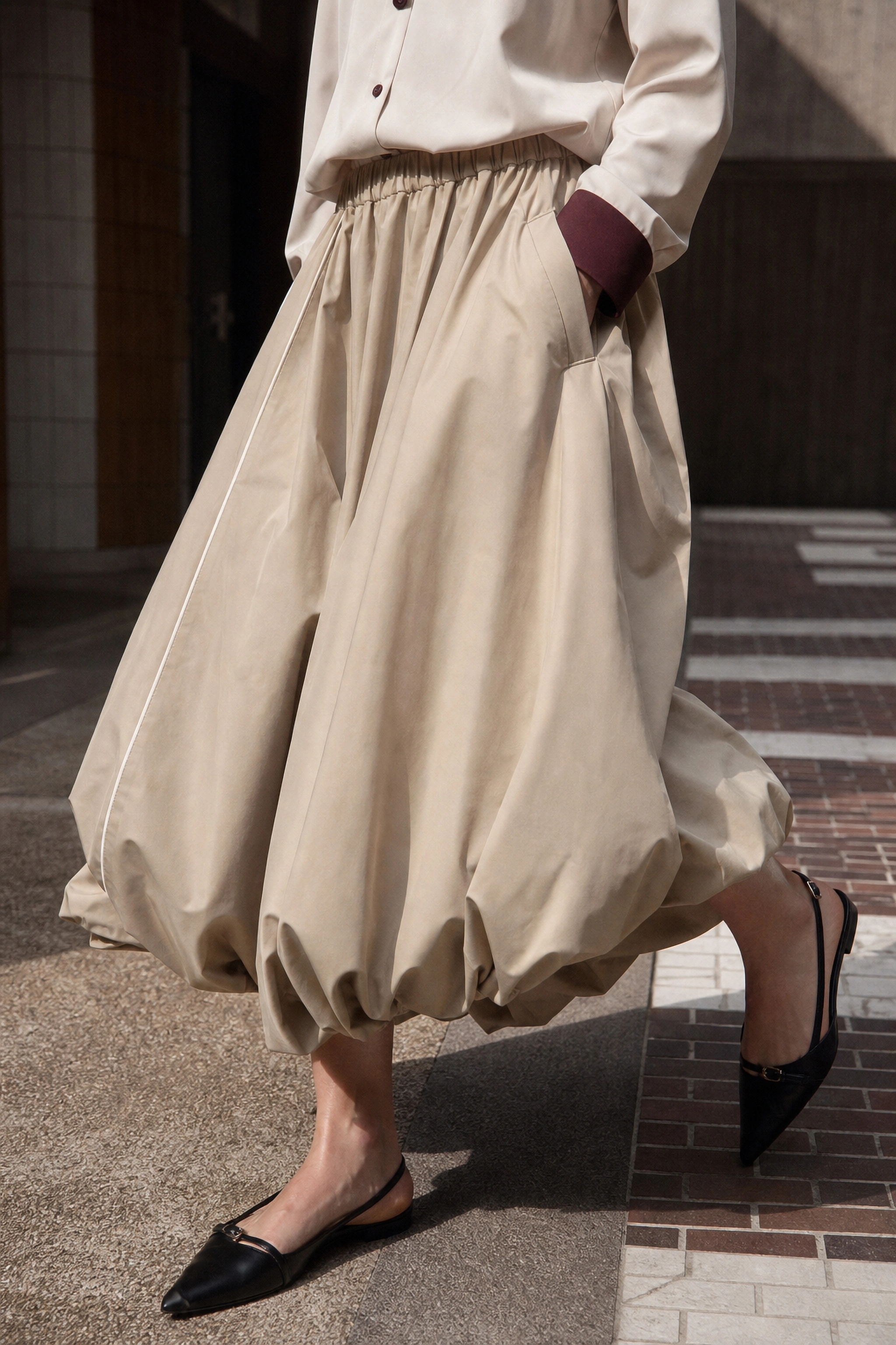 Midi Bubble Skirt with Elastic Waist